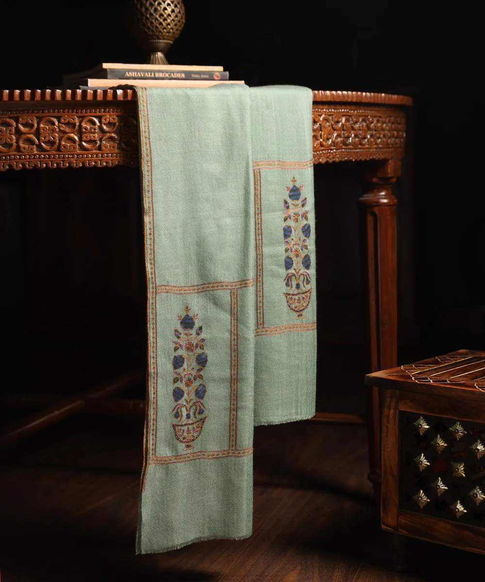 Handwoven Sage Green Pure Pashmina Stole With Kalamkari And Soznikari