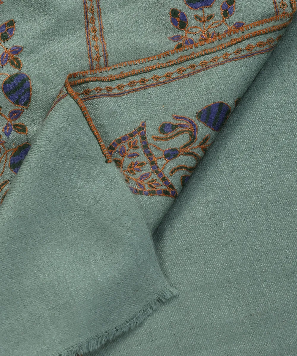 Handwoven Sage Green Pure Pashmina Stole With Kalamkari And Soznikari