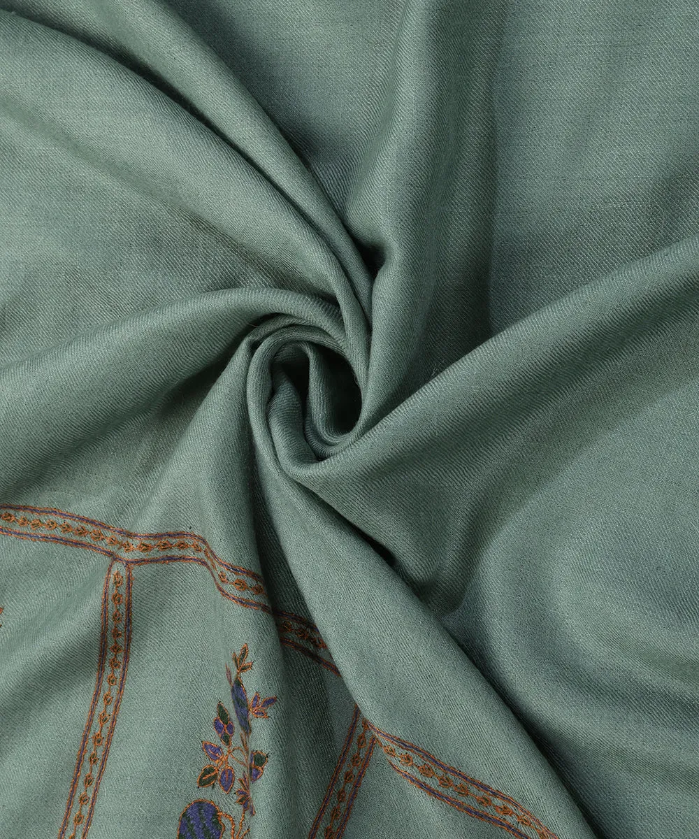 Handwoven Sage Green Pure Pashmina Stole With Kalamkari And Soznikari