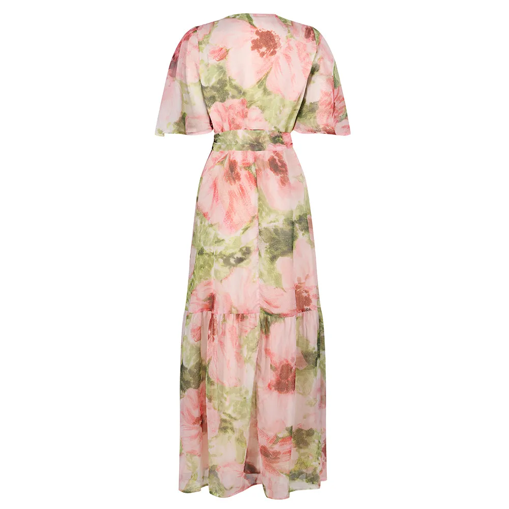 Hope & Ivy Pink & Green Floral Print Flutter Sleeve Maxi Wrap Dress