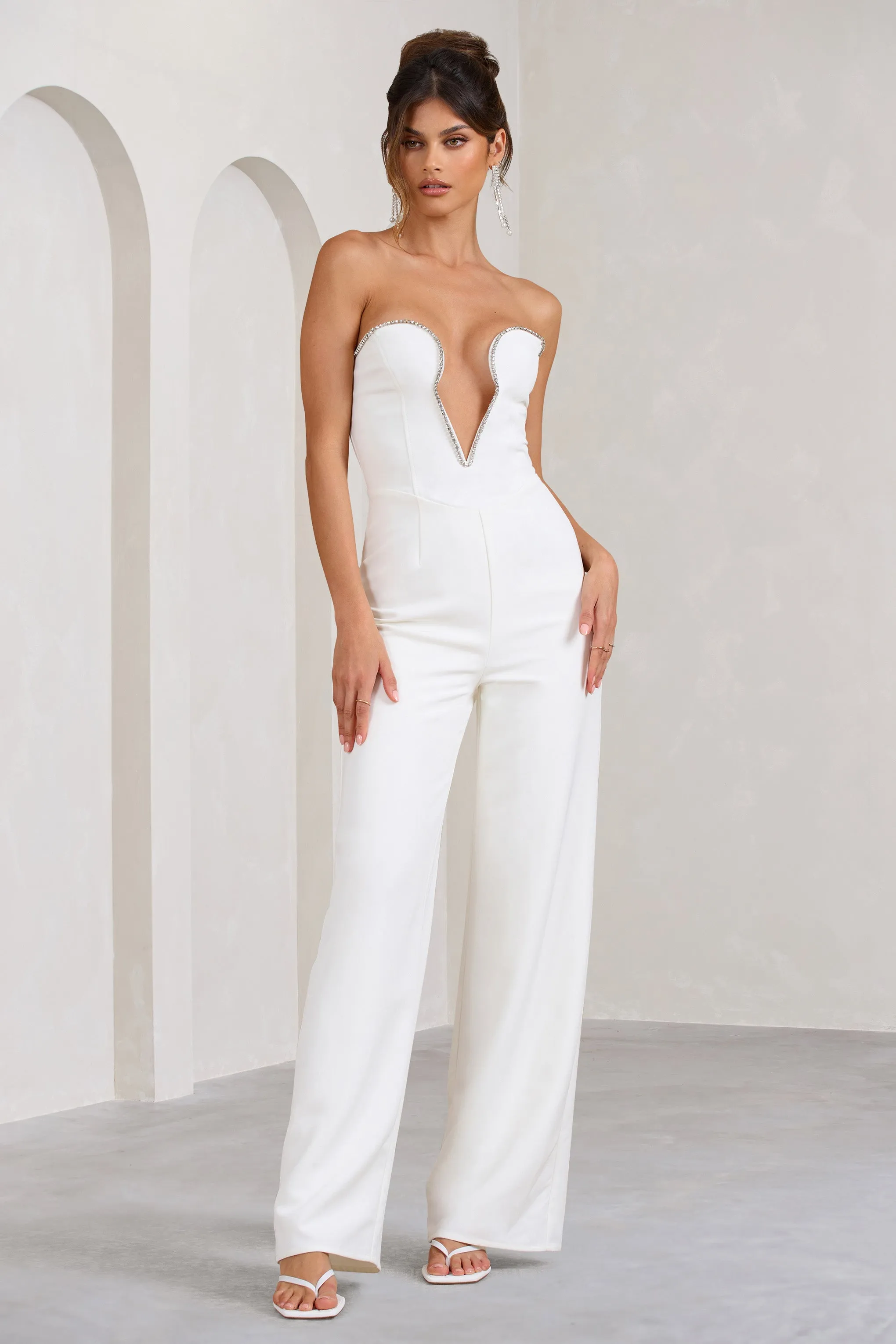 Julia | White Extreme Plunge Cut Out Wide Leg Jumpsuit