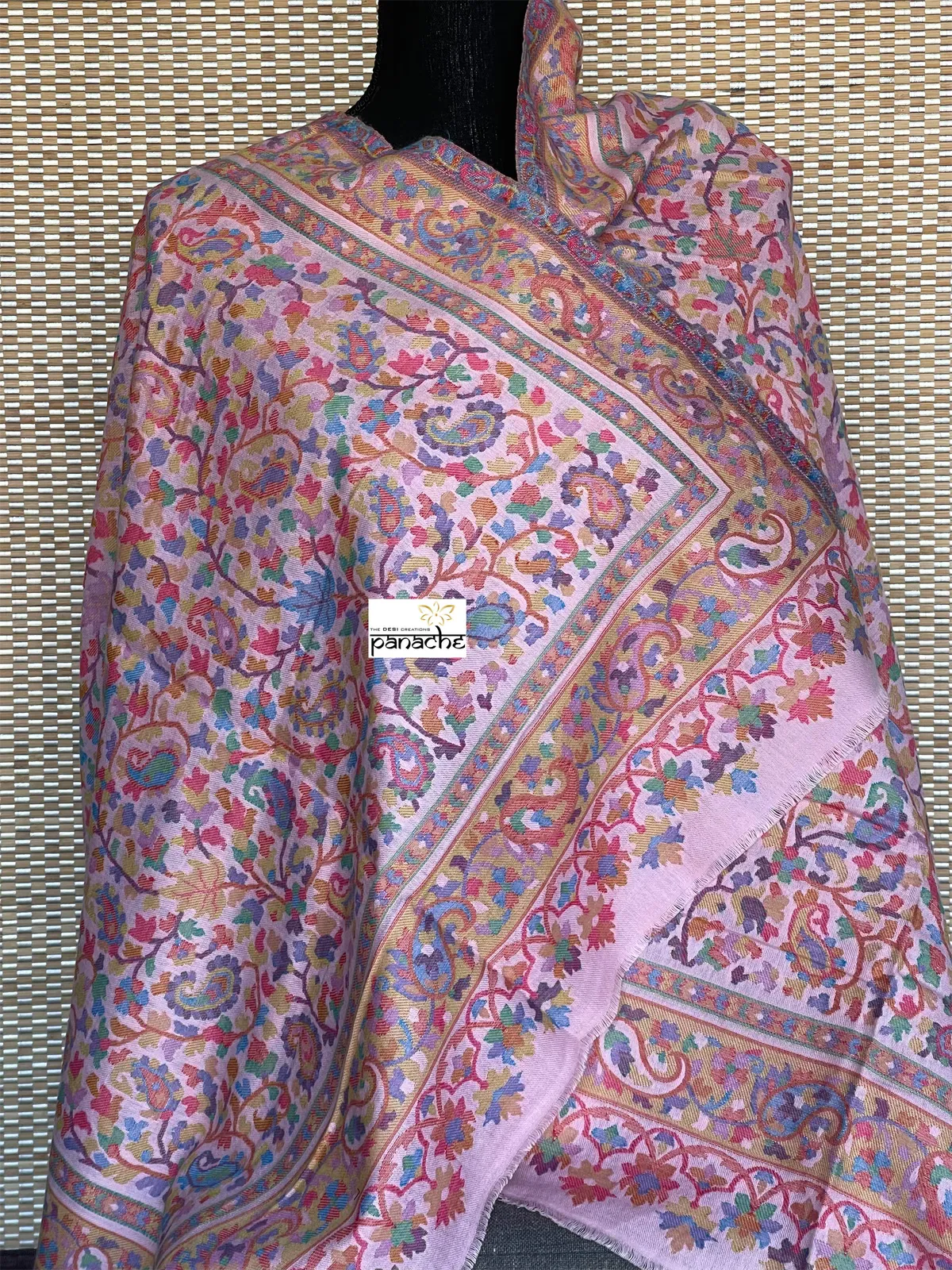 Kashmiri Kani Work Stole - Light Pink Multi Resham Woven