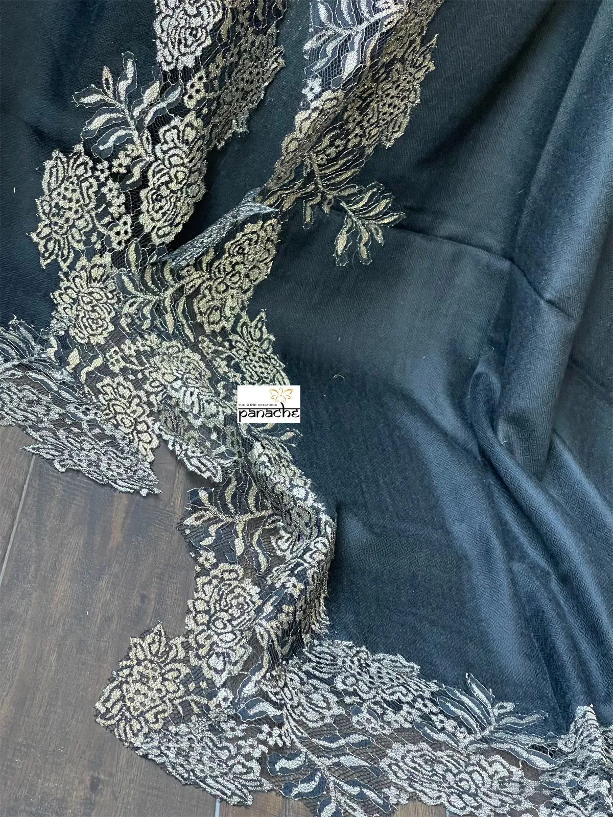 Kashmiri Pashmina Lace Stole - Black