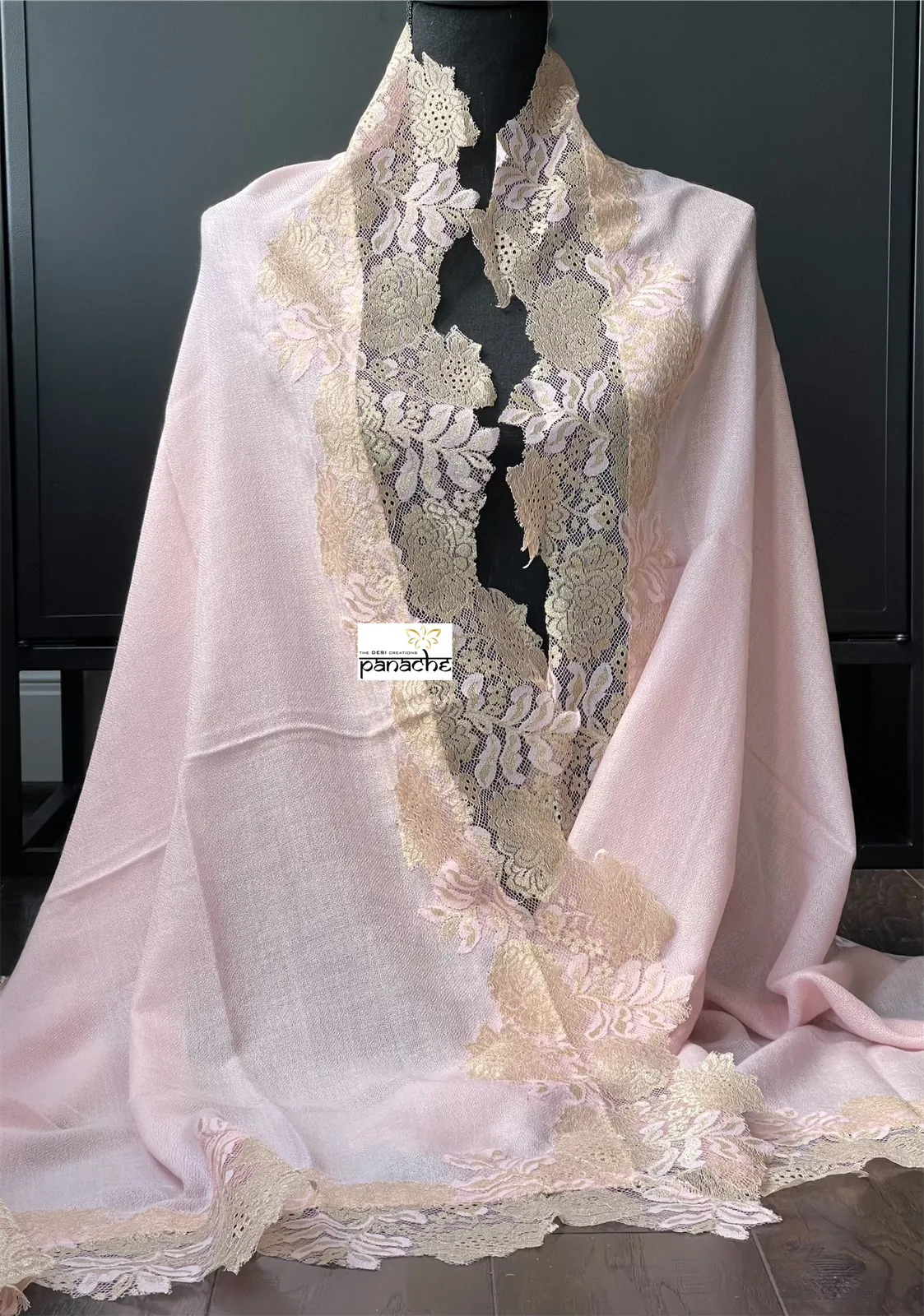 Kashmiri Pashmina Lace Stole - Blush Pink