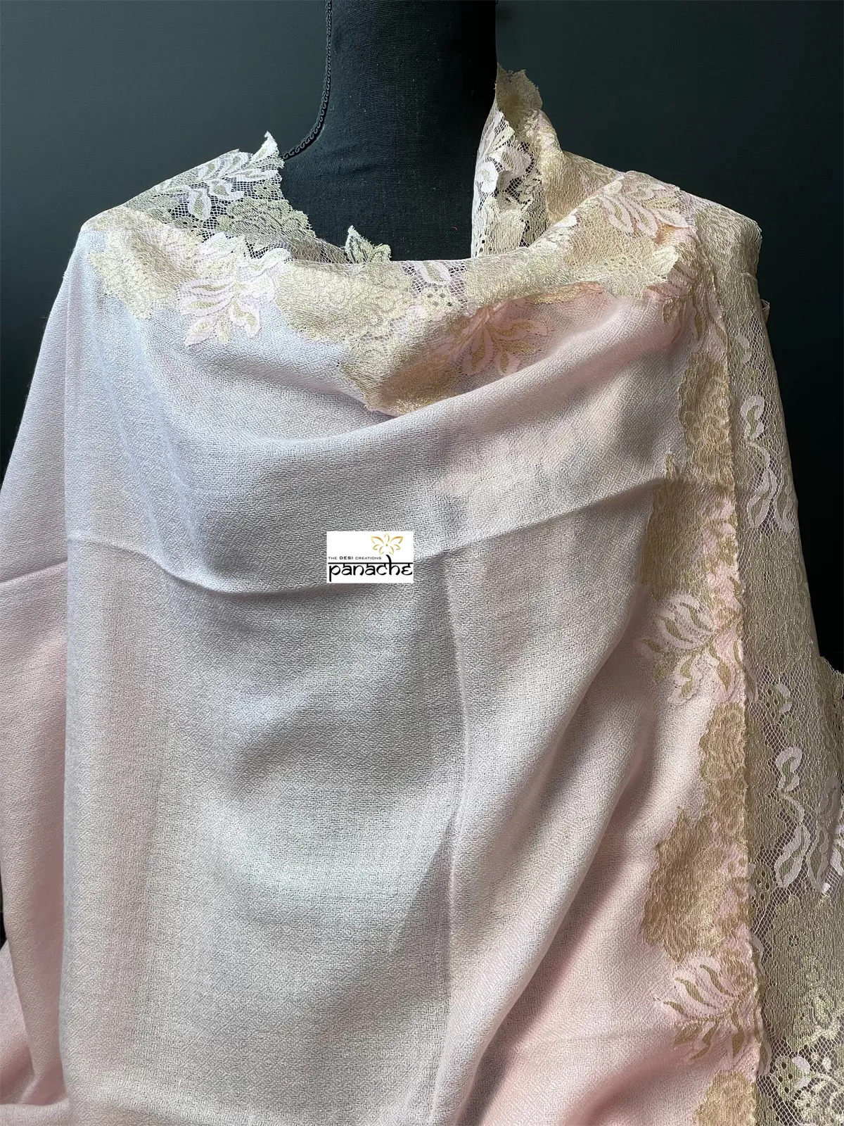 Kashmiri Pashmina Lace Stole - Blush Pink