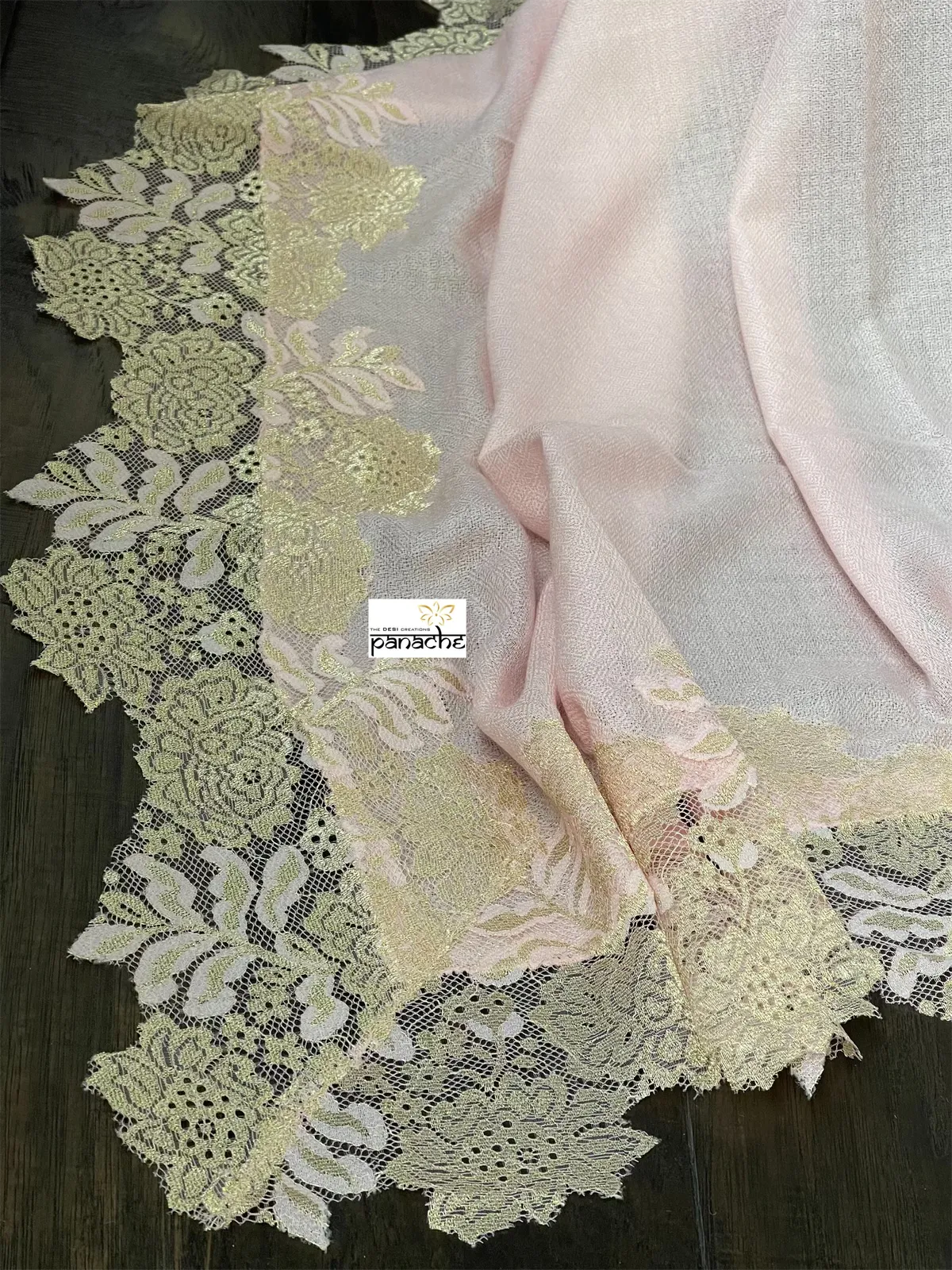 Kashmiri Pashmina Lace Stole - Blush Pink