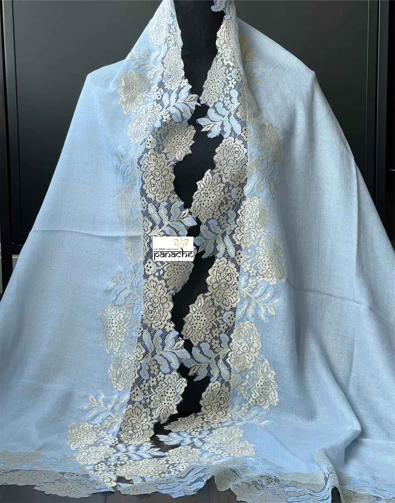 Kashmiri Pashmina Lace Stole - Light Blue