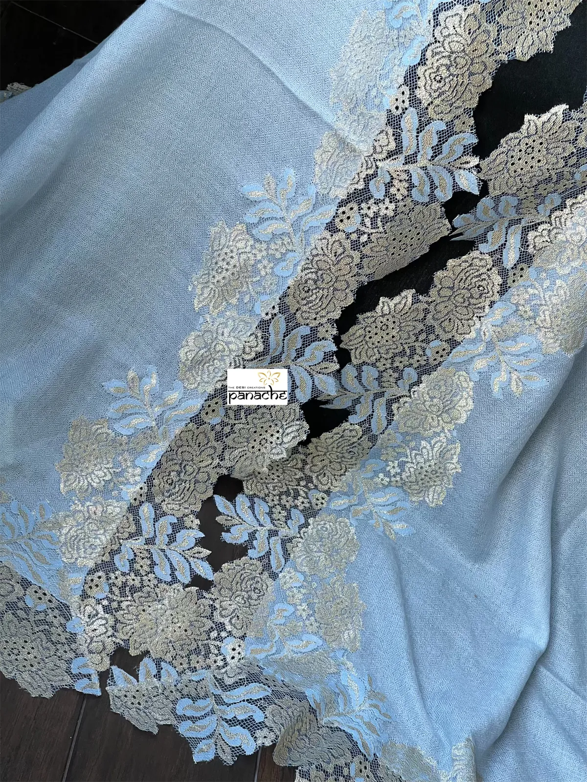 Kashmiri Pashmina Lace Stole - Light Blue