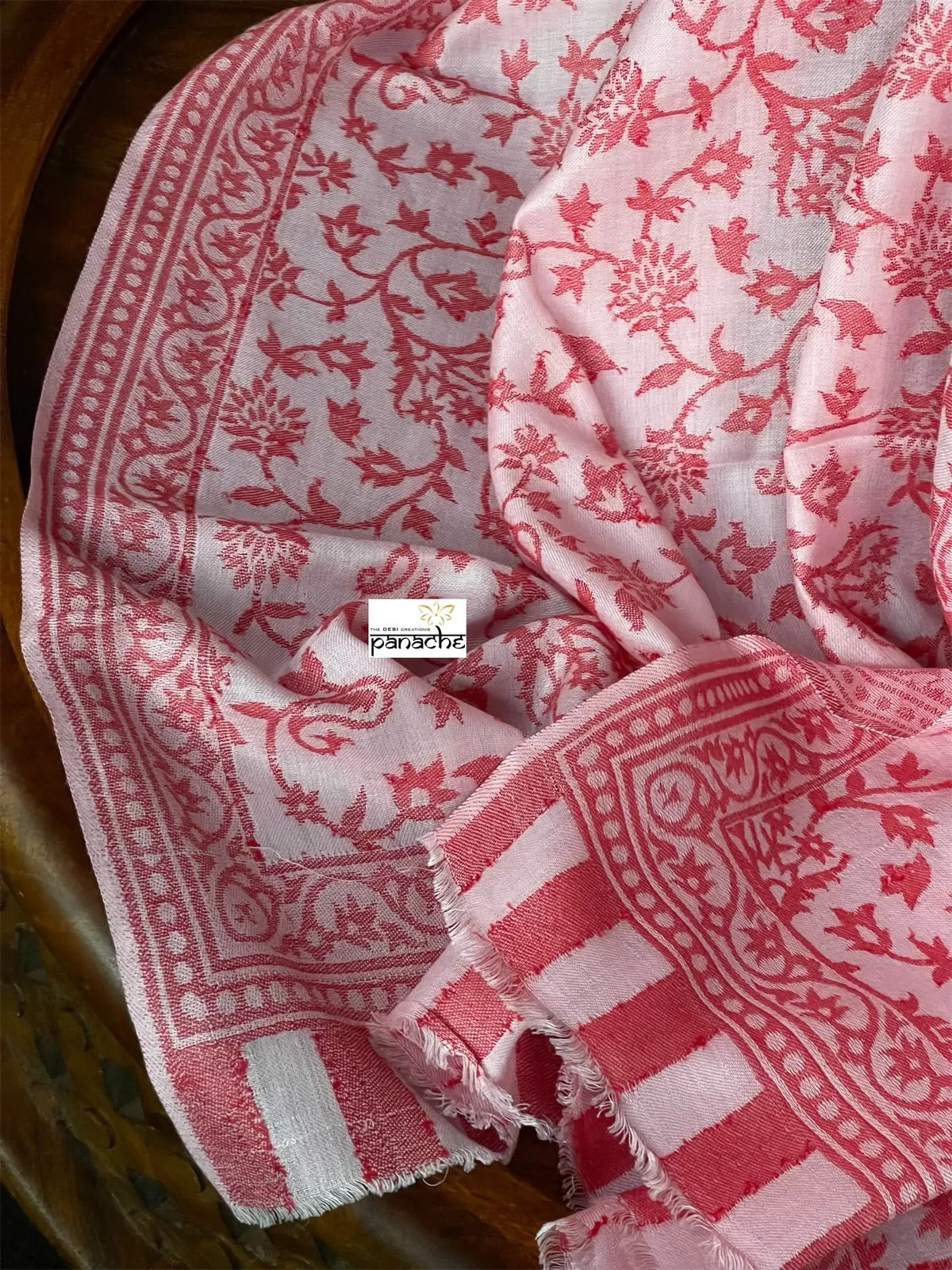 Kashmiri Semi Pashmina Stole - Off White Red Resham Woven