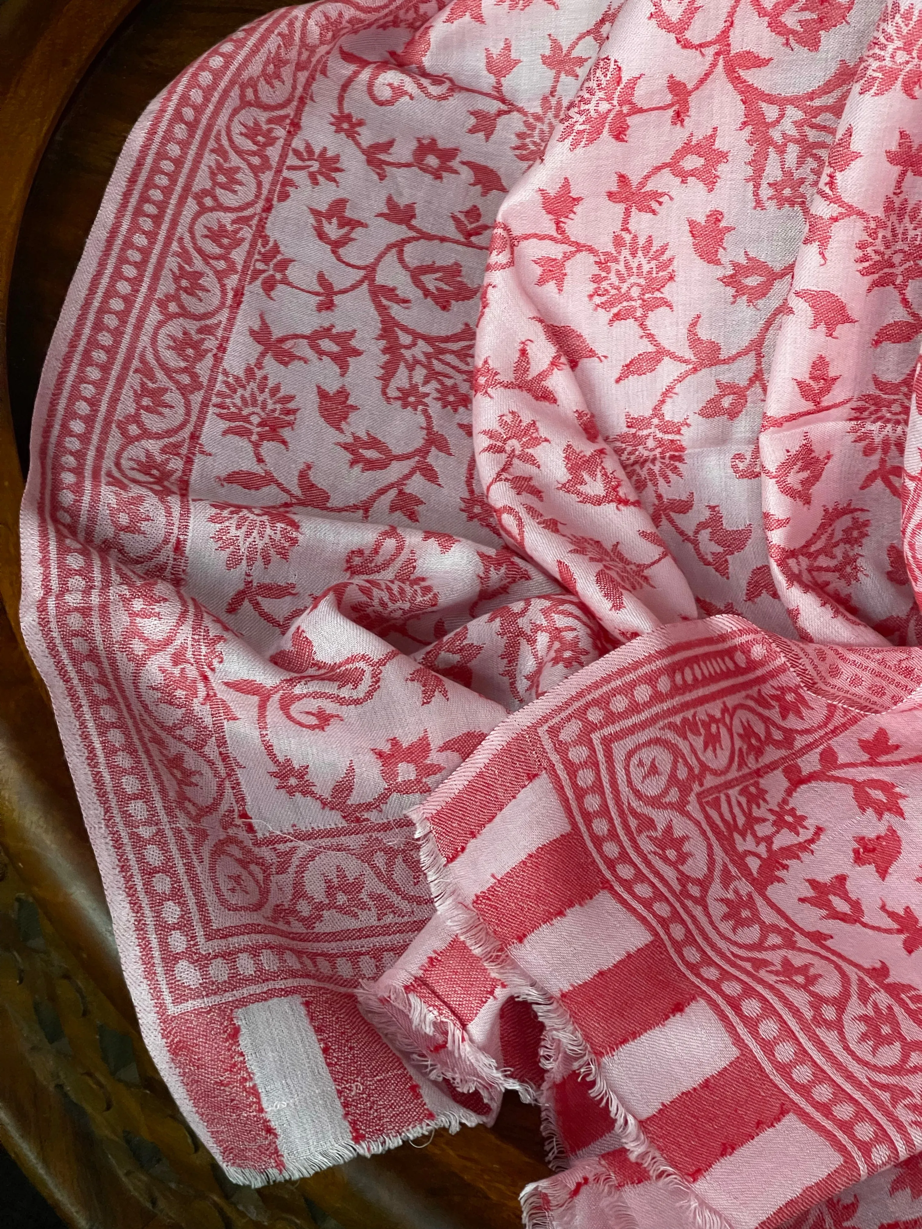 Kashmiri Semi Pashmina Stole - Off White Red Resham Woven