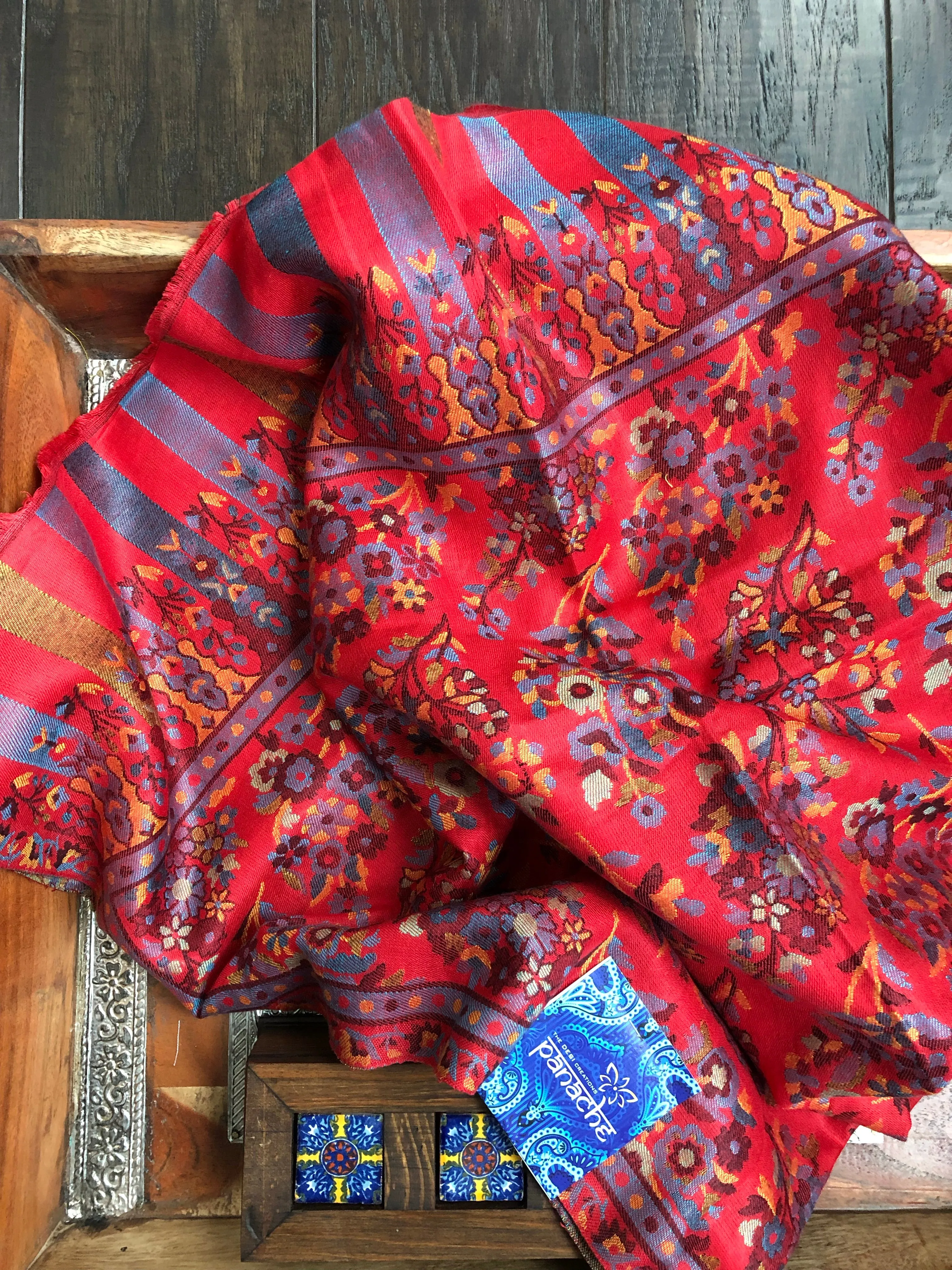 Kashmiri Semi Pashmina Stole - Red Multi 2 Resham Woven