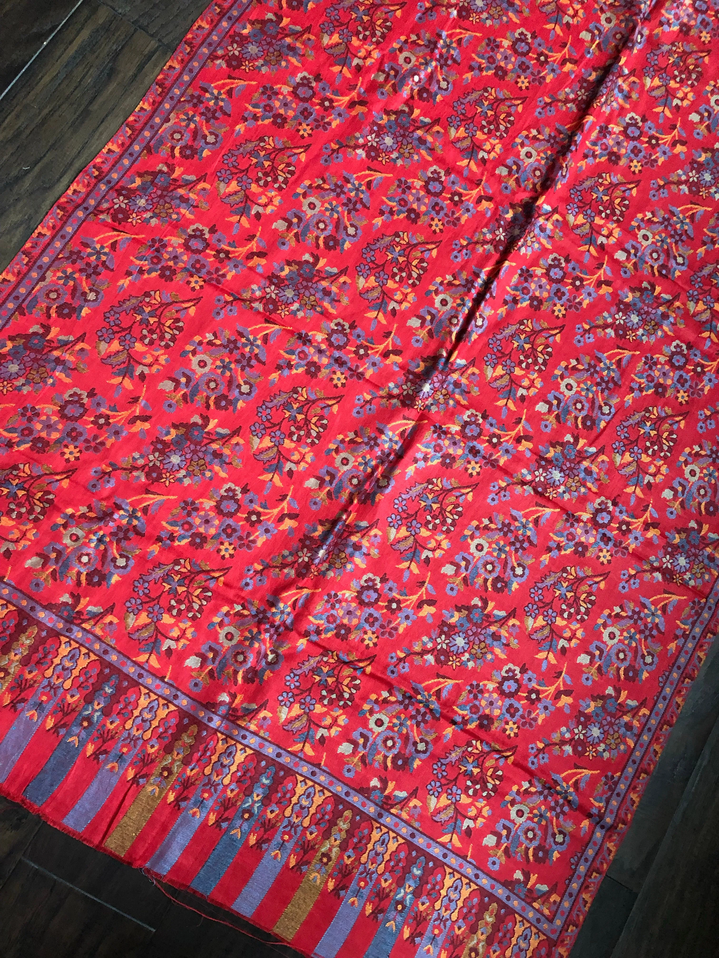 Kashmiri Semi Pashmina Stole - Red Multi 2 Resham Woven