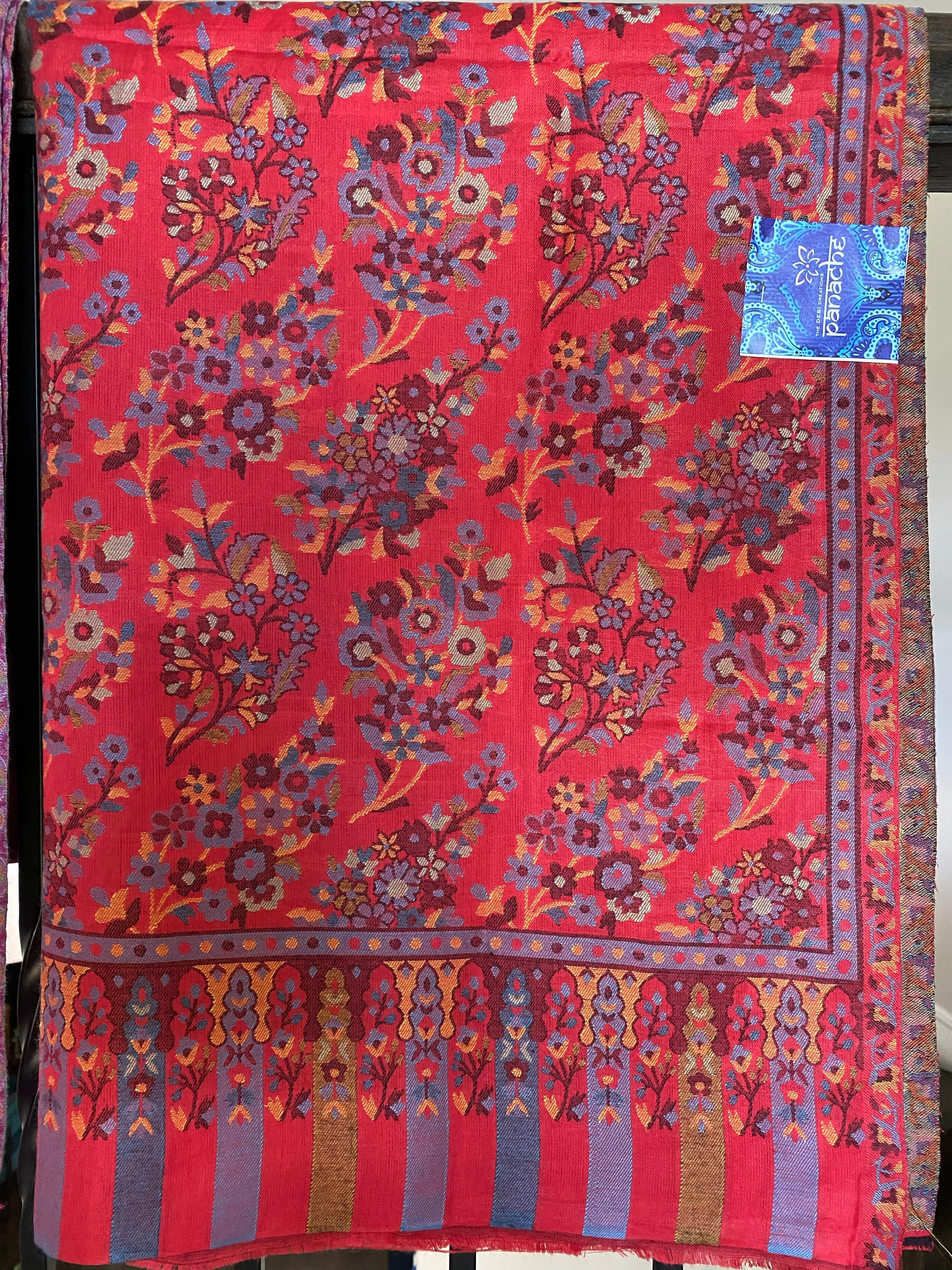 Kashmiri Semi Pashmina Stole - Red Multi 2 Resham Woven