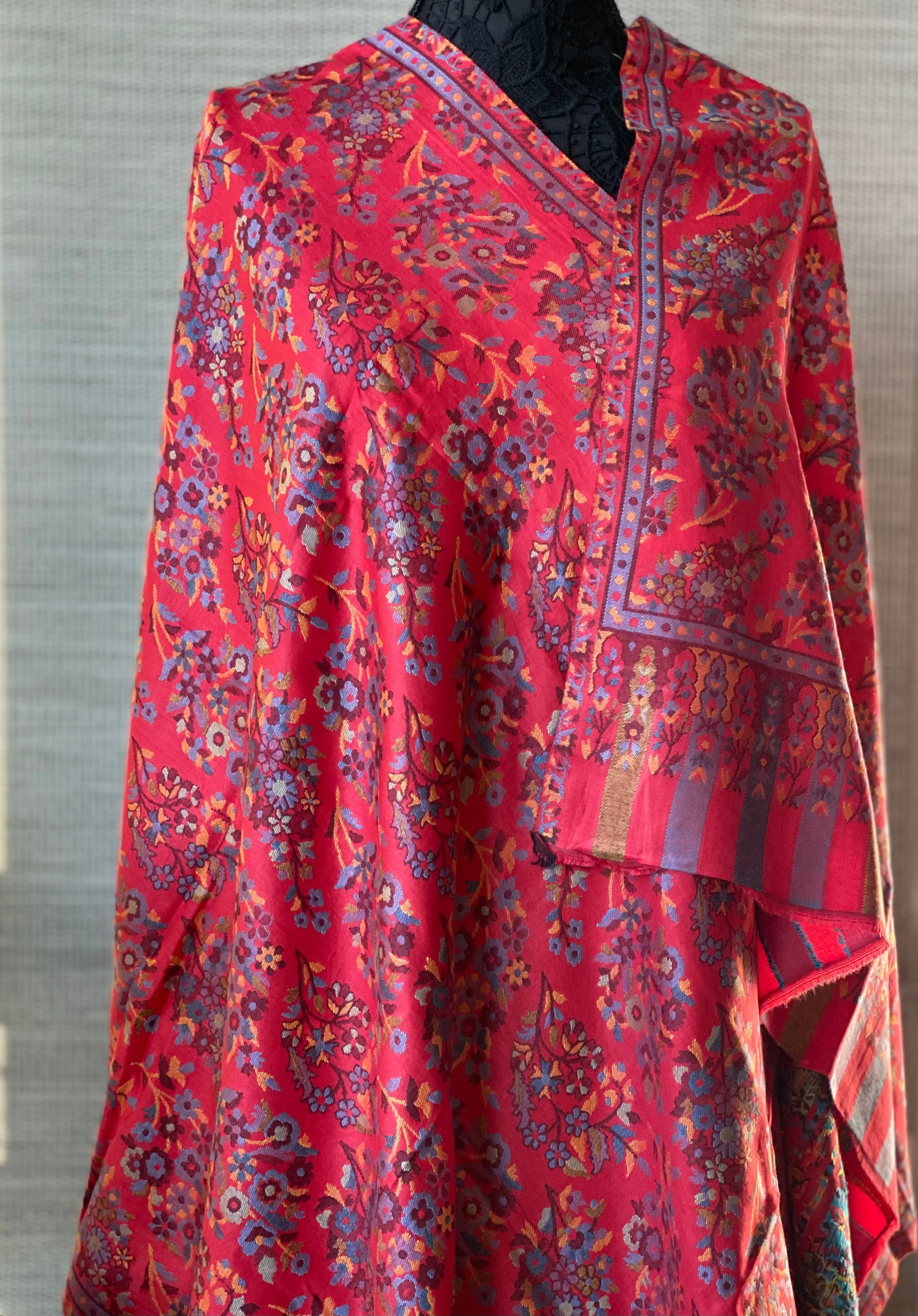 Kashmiri Semi Pashmina Stole - Red Multi 2 Resham Woven