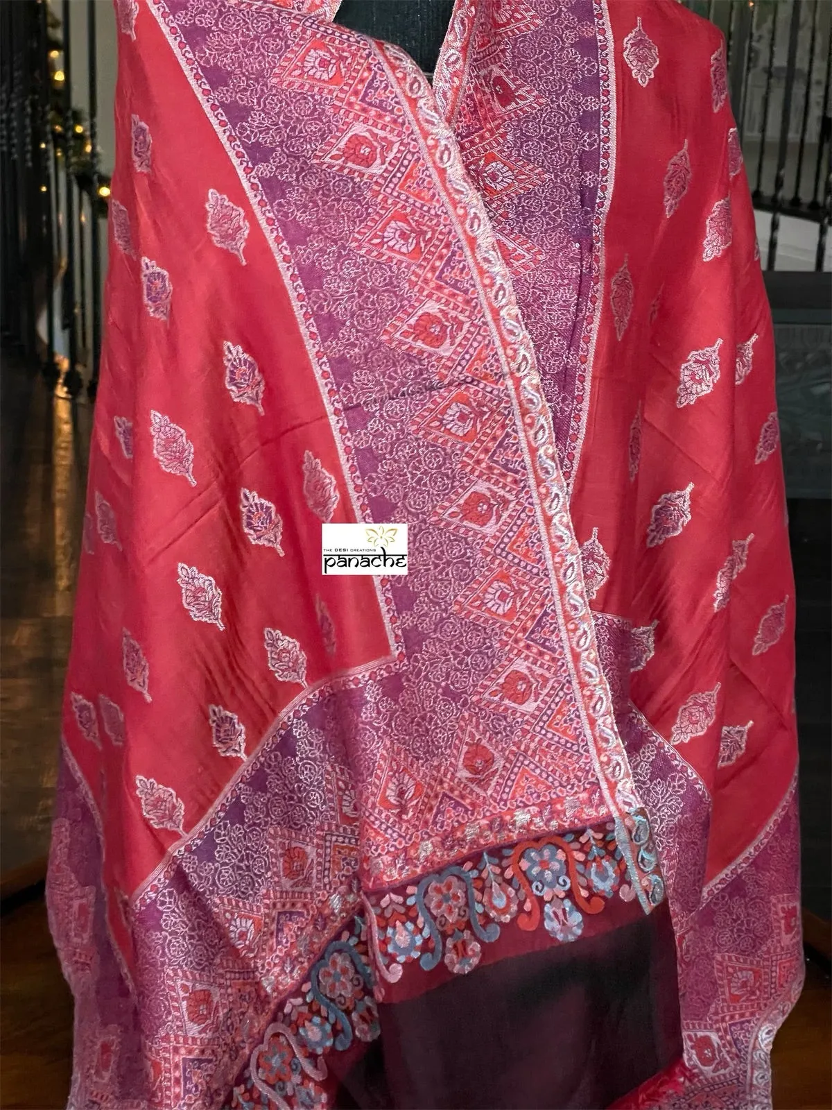 Kashmiri Semi Pashmina Stole - Red Purple