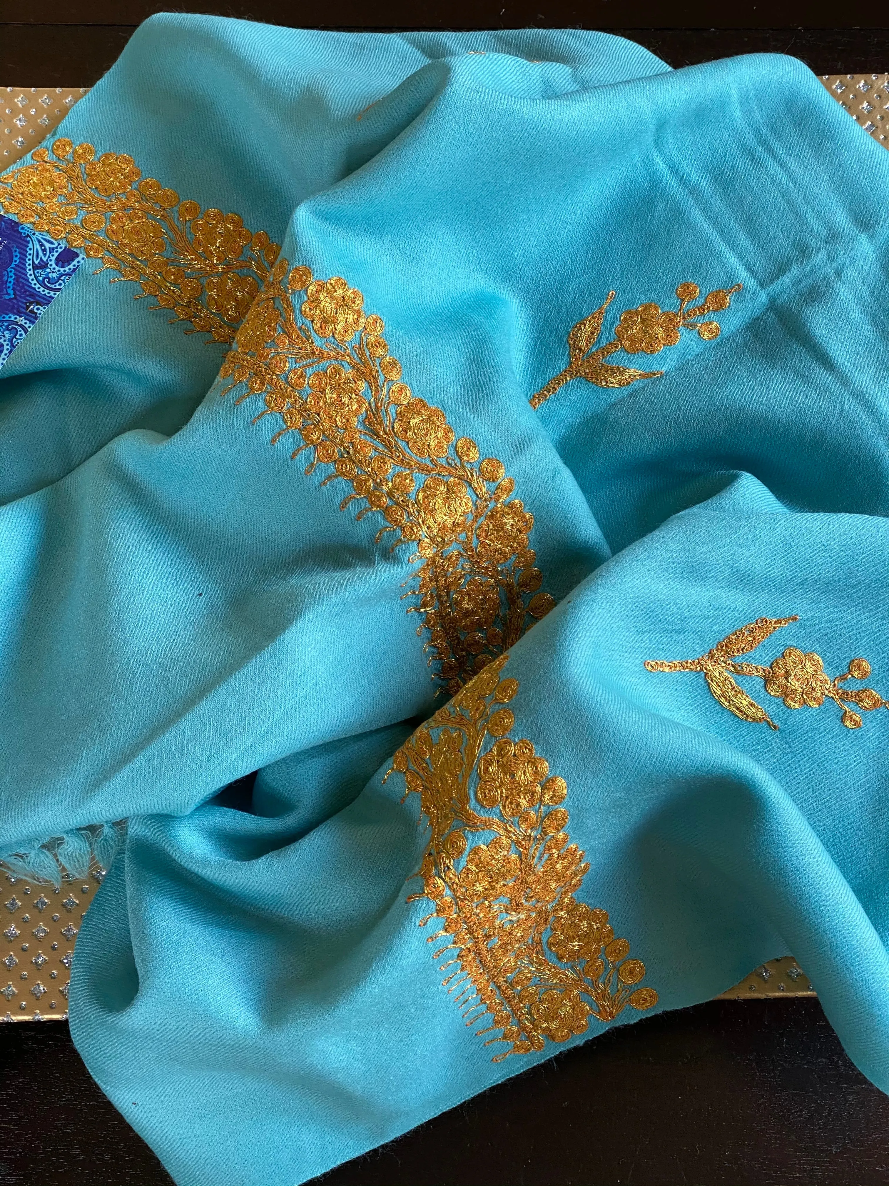 Kashmiri Stole - Light Blue Zari Ariwork