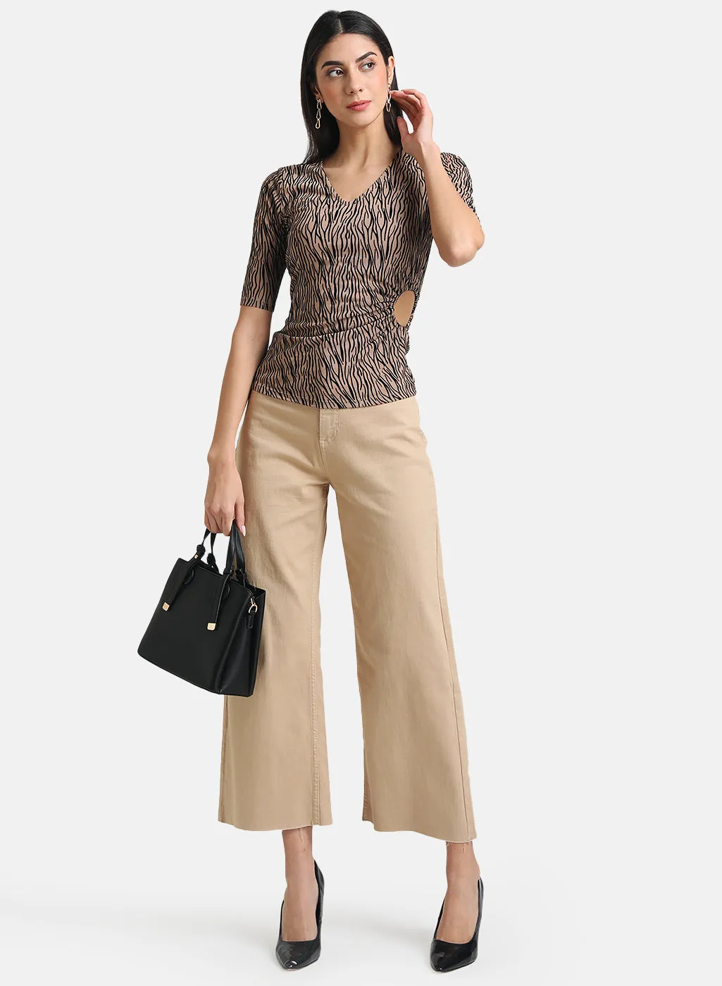 Kazo Beige Flock Mesh Top With Key-Hole At Waist