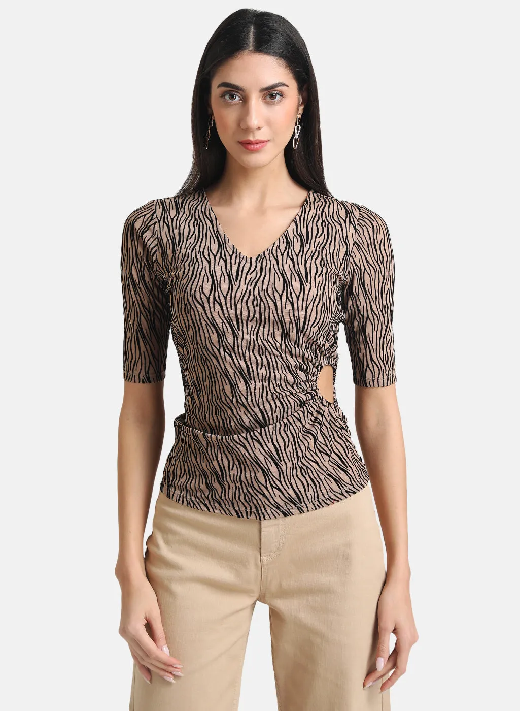 Kazo Beige Flock Mesh Top With Key-Hole At Waist