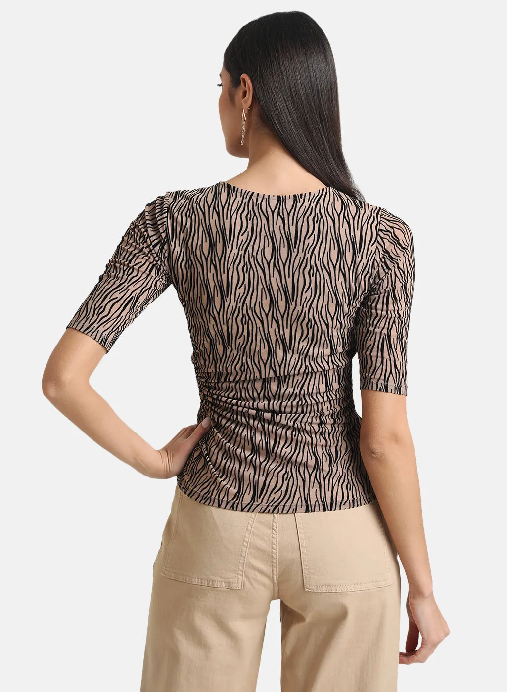 Kazo Beige Flock Mesh Top With Key-Hole At Waist