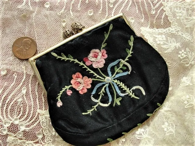 LOVELY Antique FRENCH Embroidered Change Purse,Pink Roses,Blue Bow, Handbag  Purse,Evening Clutch, Collectible Purses, Made in F