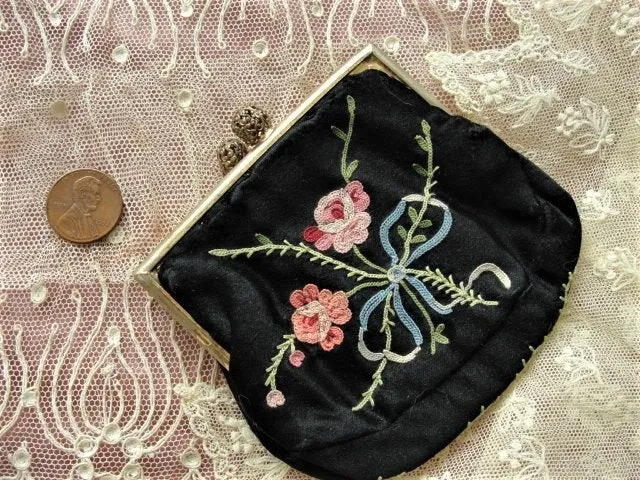 LOVELY Antique FRENCH Embroidered Change Purse,Pink Roses,Blue Bow, Handbag  Purse,Evening Clutch, Collectible Purses, Made in F