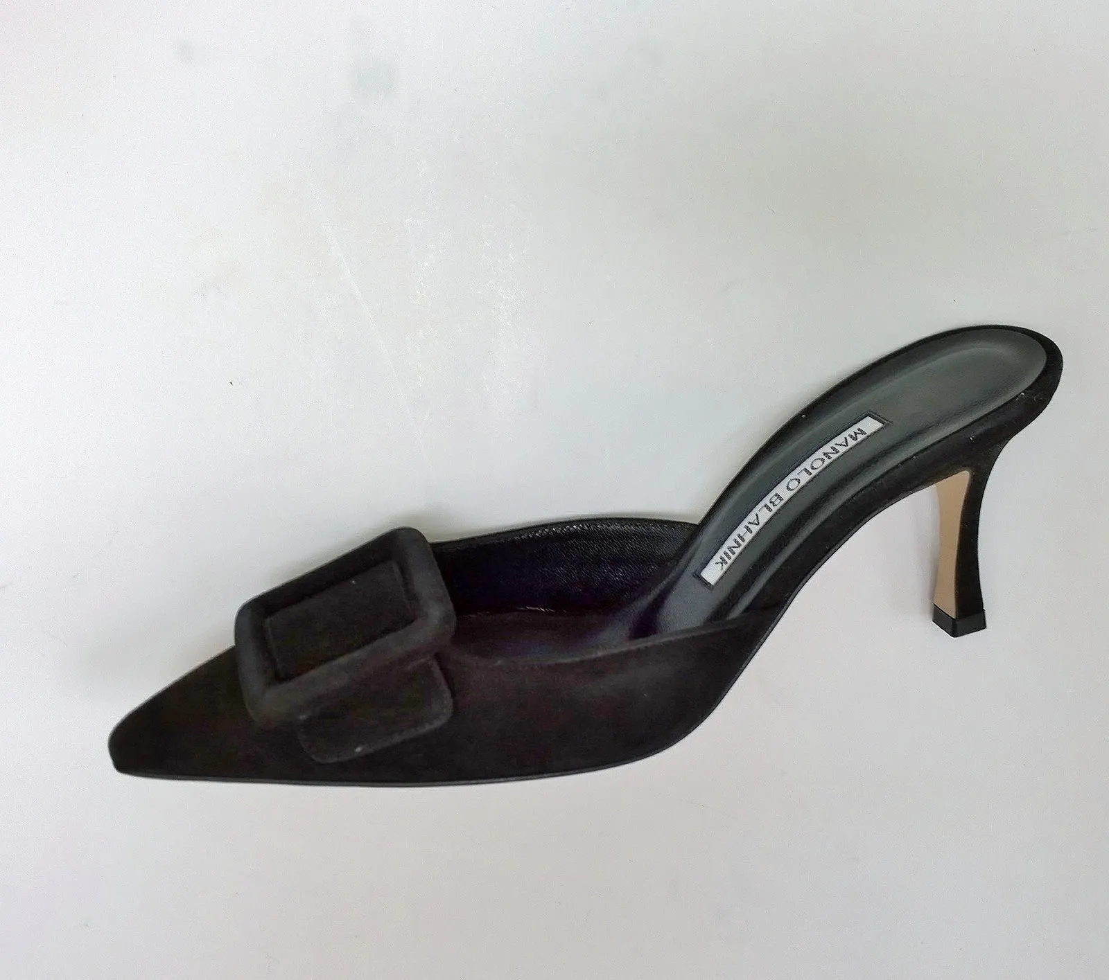 Manolo Blahnik Maysale 70 Black Suede Buckle Mules Heels