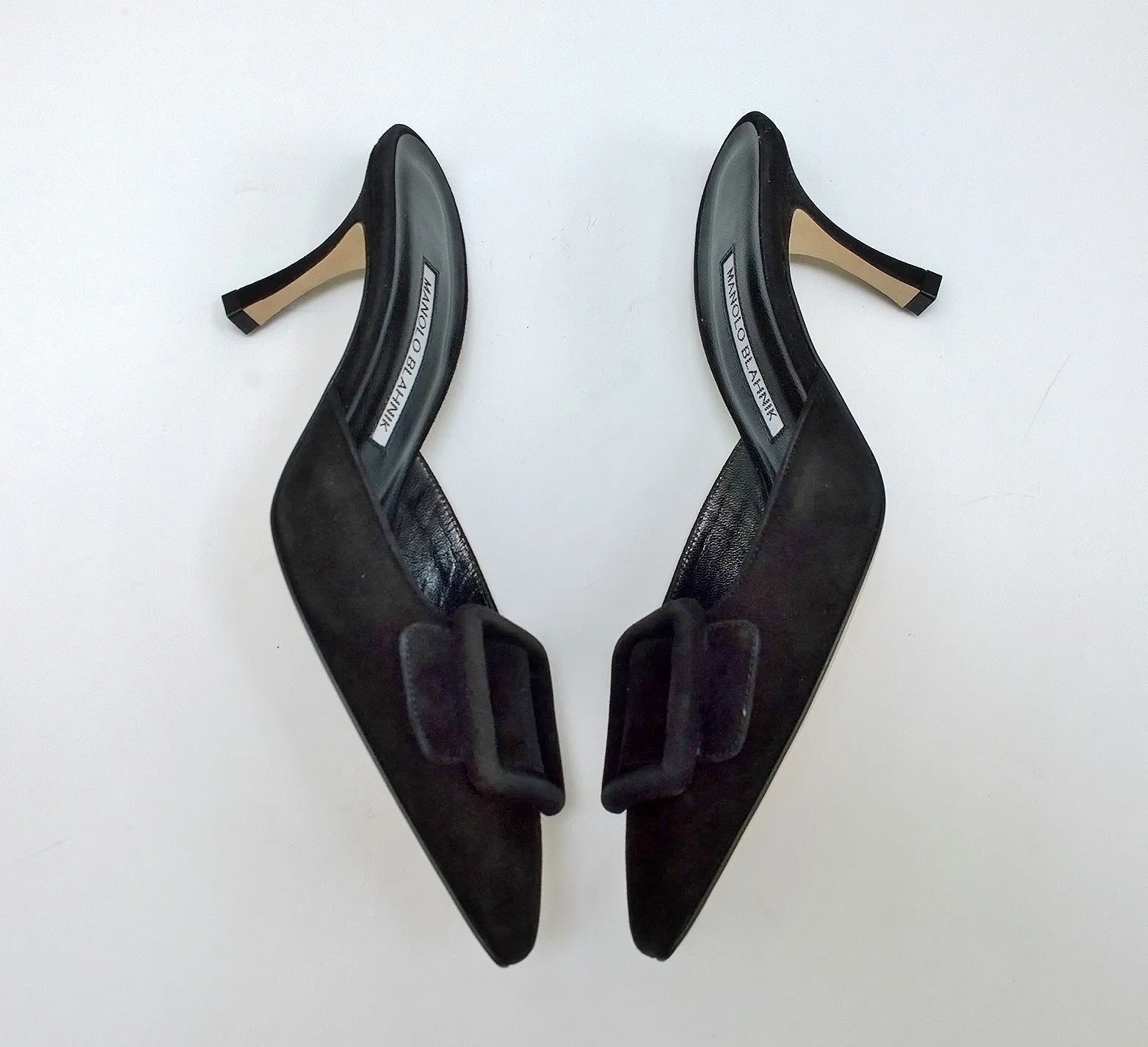 Manolo Blahnik Maysale 70 Black Suede Buckle Mules Heels