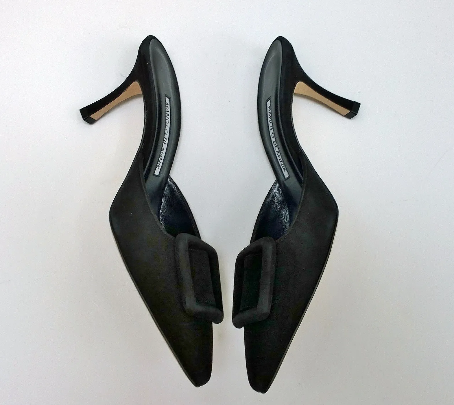 Manolo Blahnik Maysale 70 Black Suede Buckle Mules Heels