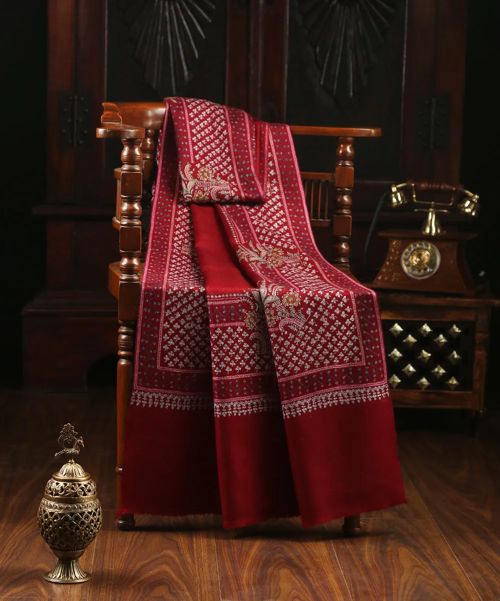 Maroon Border Handwoven Pure Pashmina Stole with Paper Mache and Sozni Kari Work