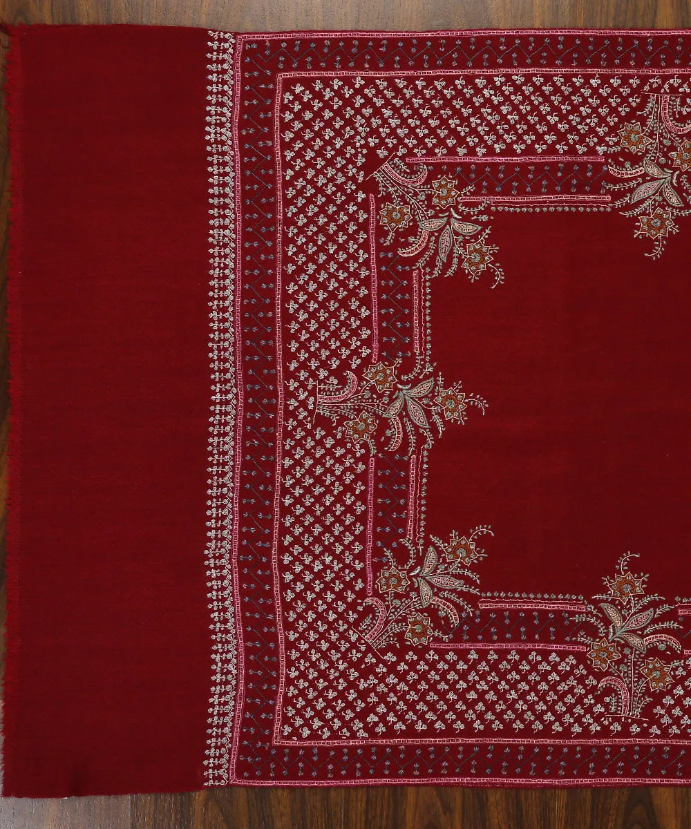 Maroon Border Handwoven Pure Pashmina Stole with Paper Mache and Sozni Kari Work