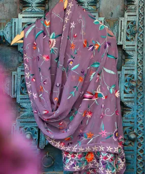 Mauve Georgette Parsi Gara Stole With All Over Hand Embroidered Floral Jaal