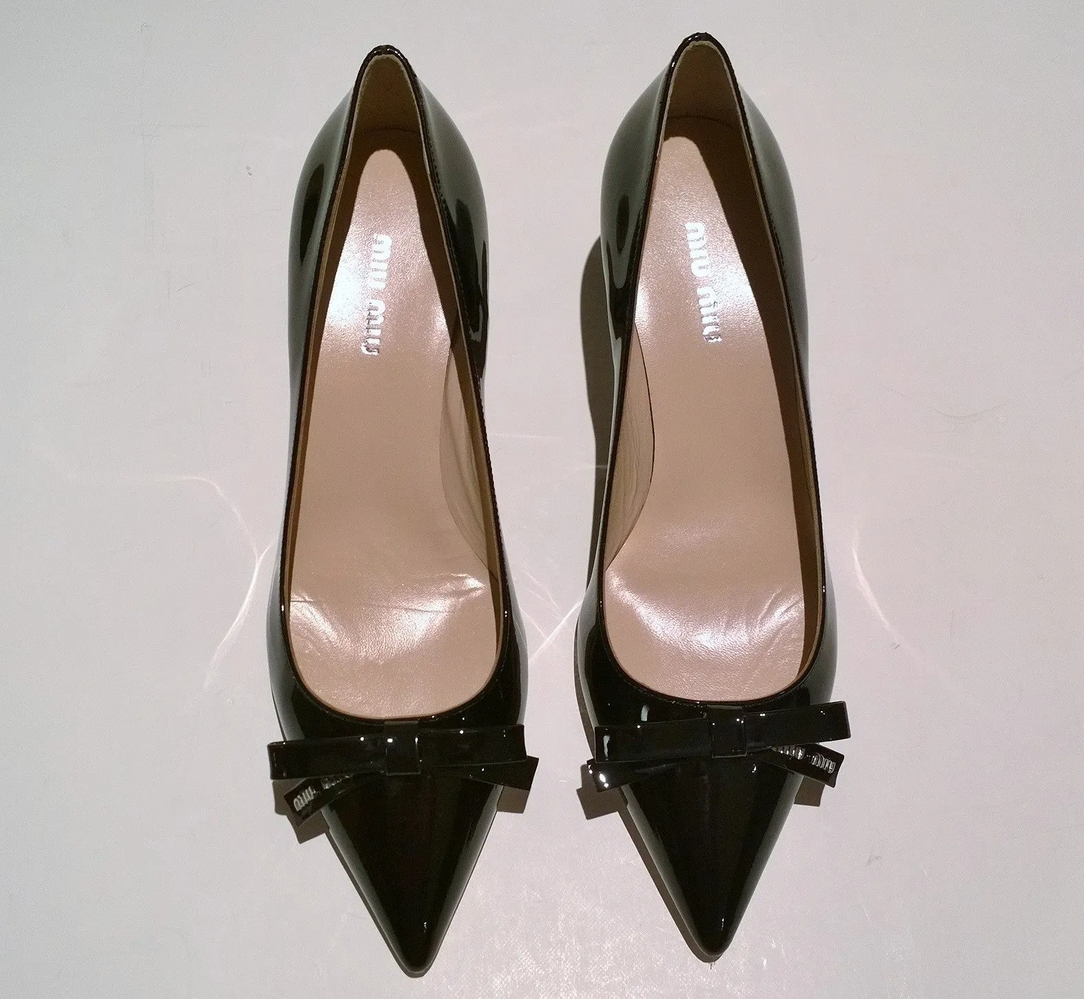 Miu Miu Black Patent Leather Logo Bow Heels 50