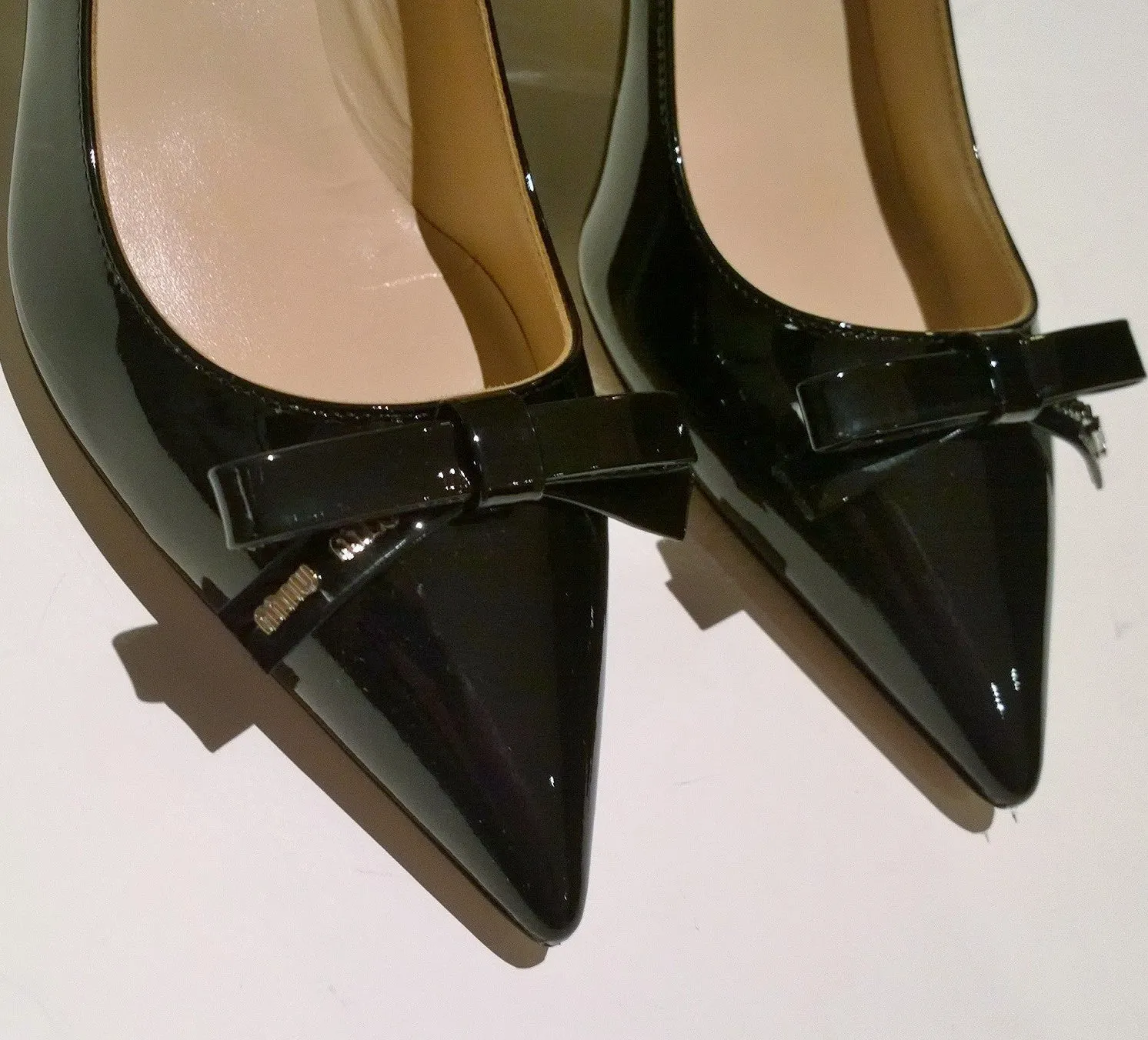 Miu Miu Black Patent Leather Logo Bow Heels 50