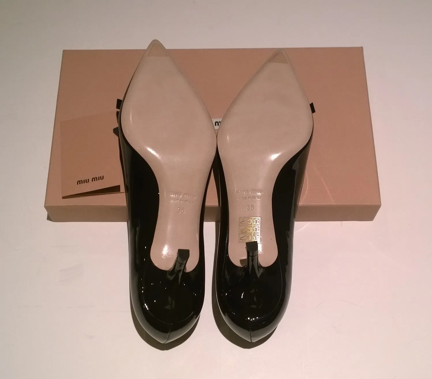 Miu Miu Black Patent Leather Logo Bow Heels 50