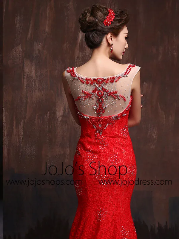 Modest Scarlet Red Fitted Lace Wedding Gown Prom Dress Formal Evening Gown X015