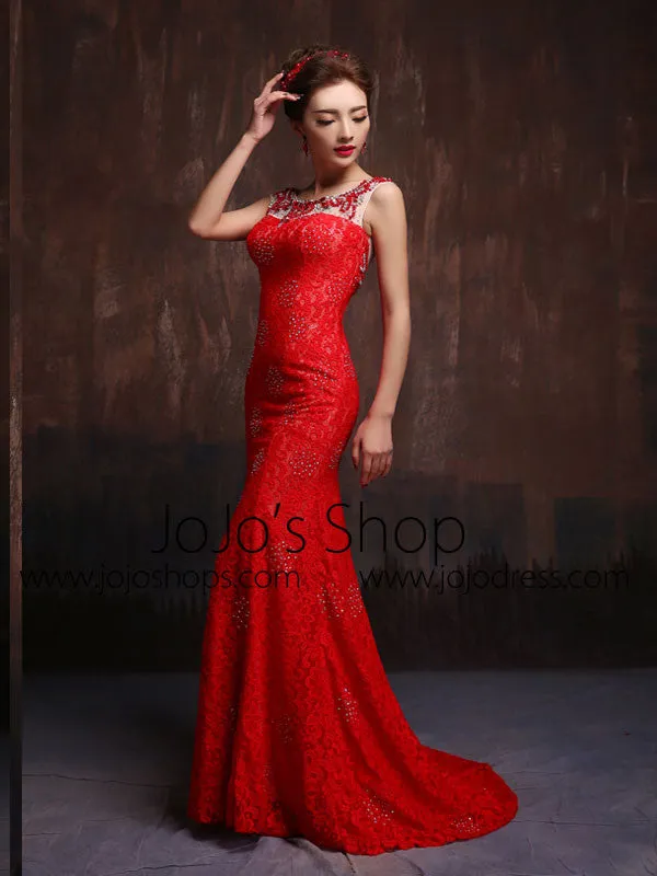 Modest Scarlet Red Fitted Lace Wedding Gown Prom Dress Formal Evening Gown X015