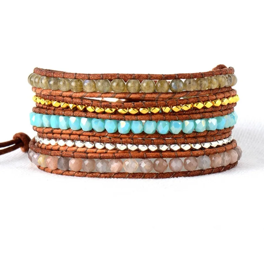 Natural Agate & Labradorite Beaded Wrap Bracelet