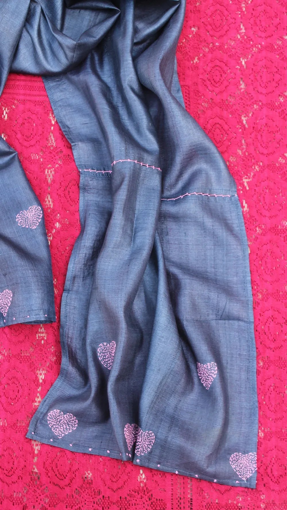 Navy blue heart kantha silk stole