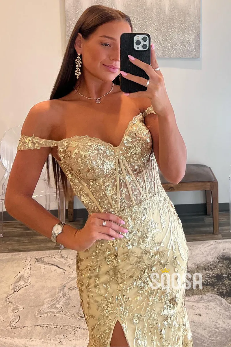 Off-Shoulder Sequin Illusion Gold Long Prom Dress With Slit Evening Gowns QP3185