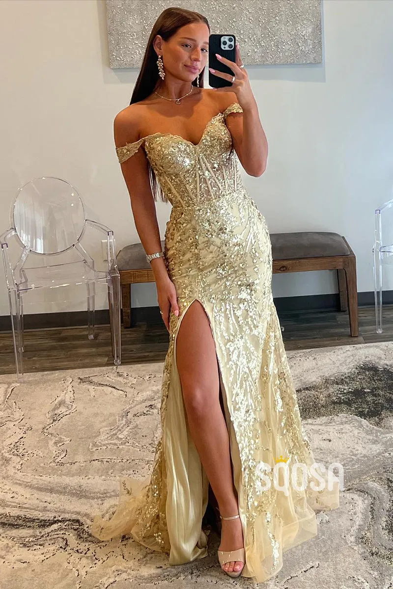 Off-Shoulder Sequin Illusion Gold Long Prom Dress With Slit Evening Gowns QP3185