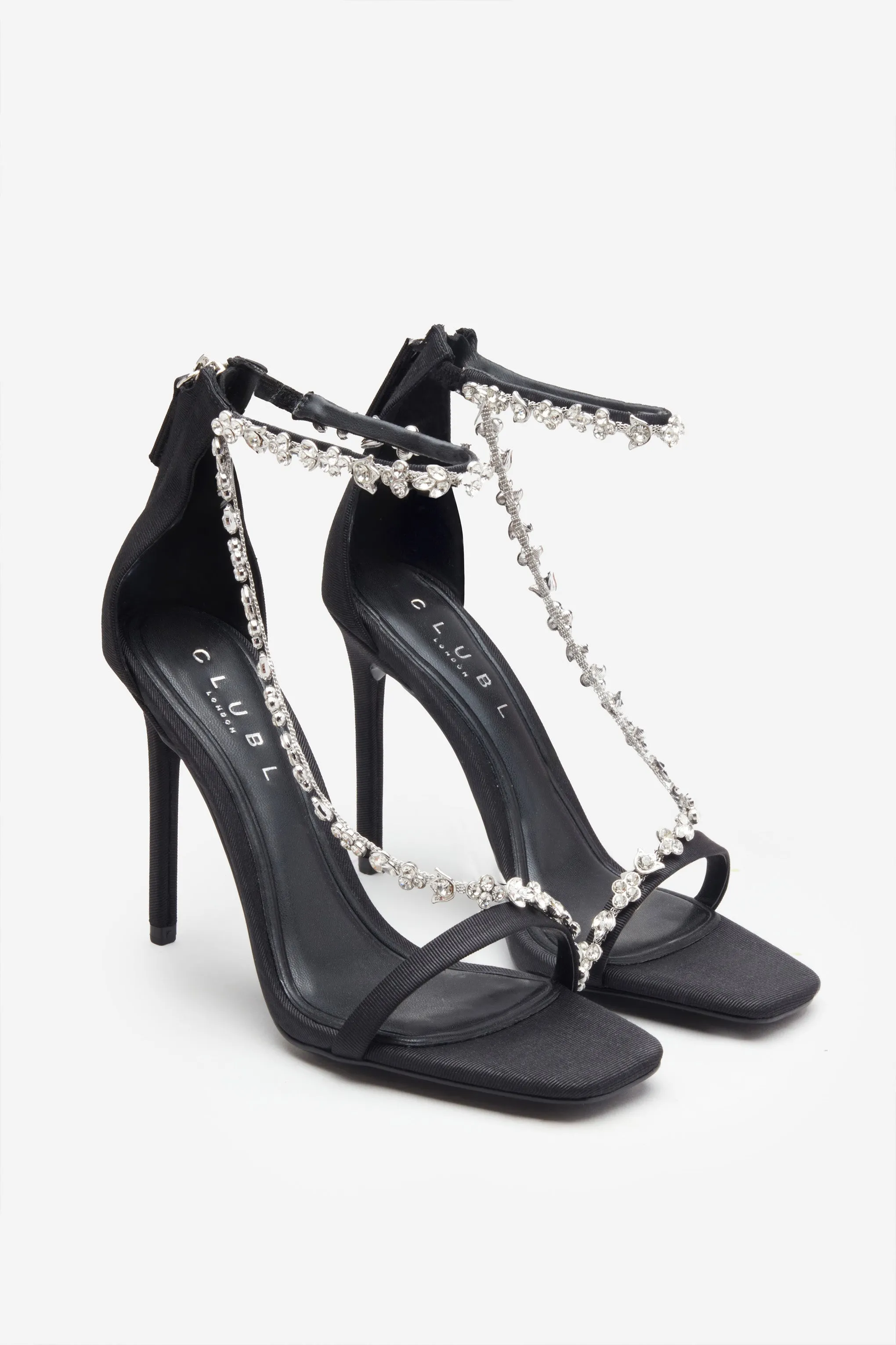 Oh Please | Black Strappy Heeled Sandals With Diamante Chains