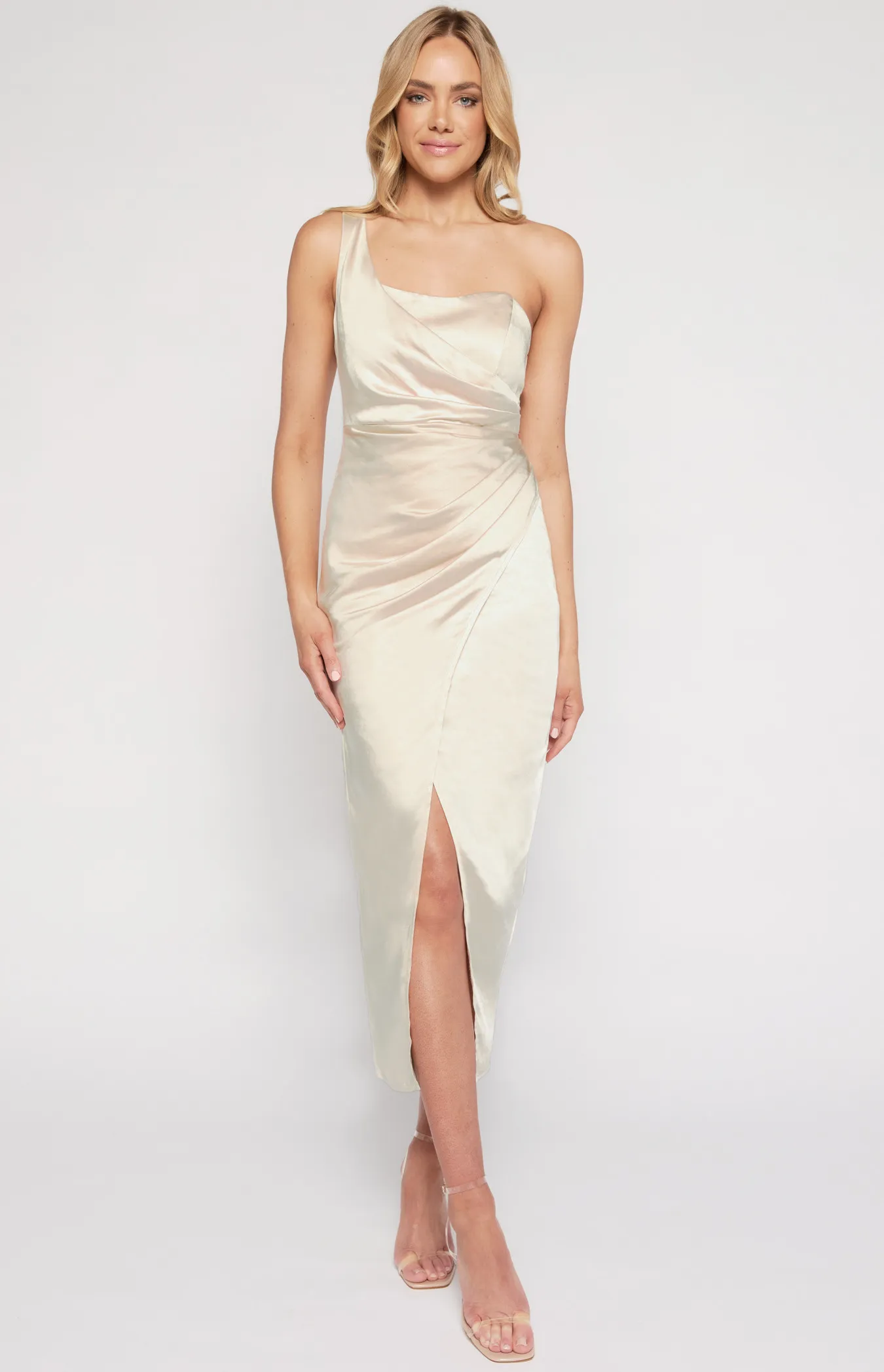 One Shoulder Asymmetric Neckline Satin Dress with Pleated Details (SDR1335B)