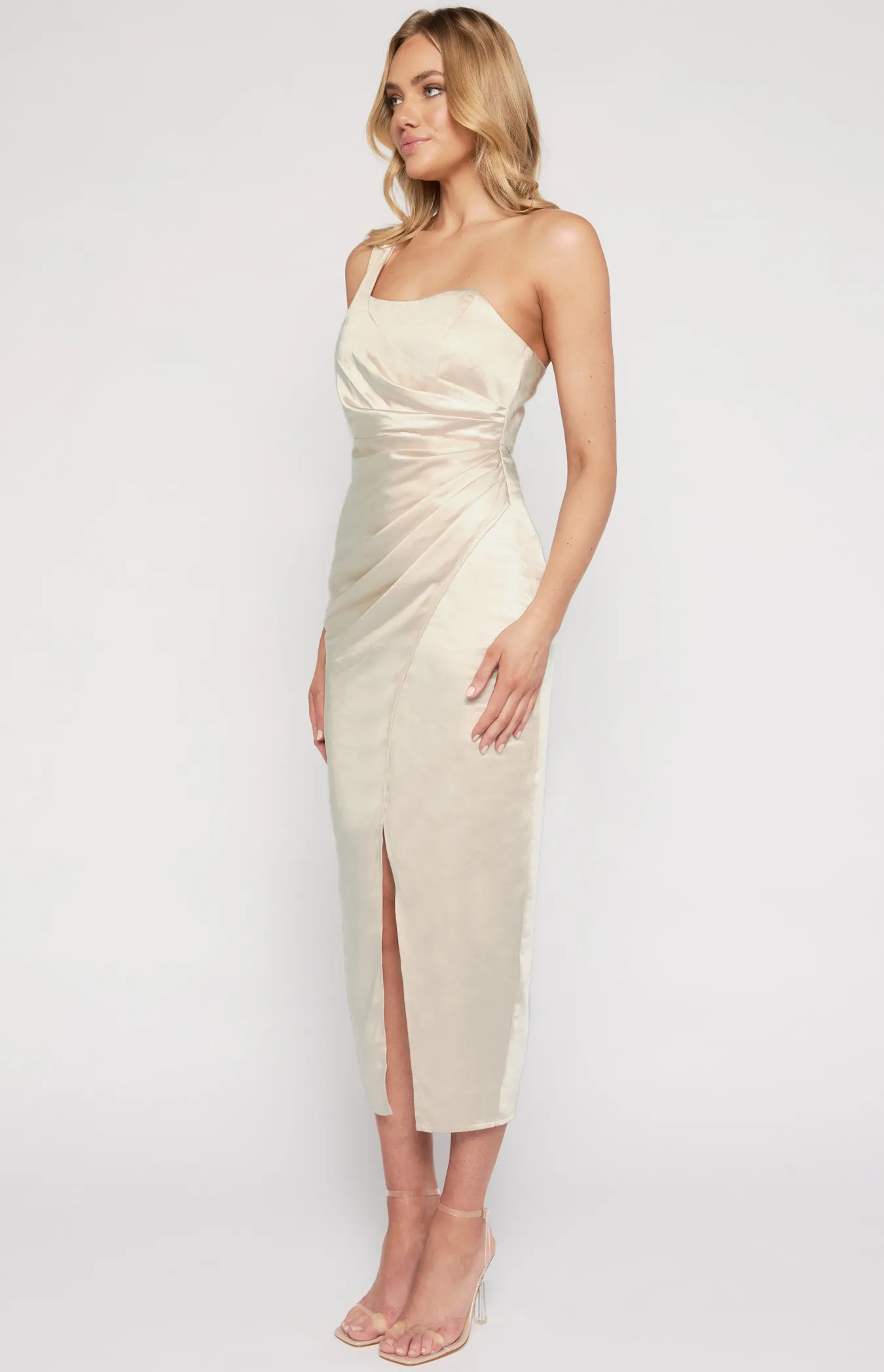 One Shoulder Asymmetric Neckline Satin Dress with Pleated Details (SDR1335B)