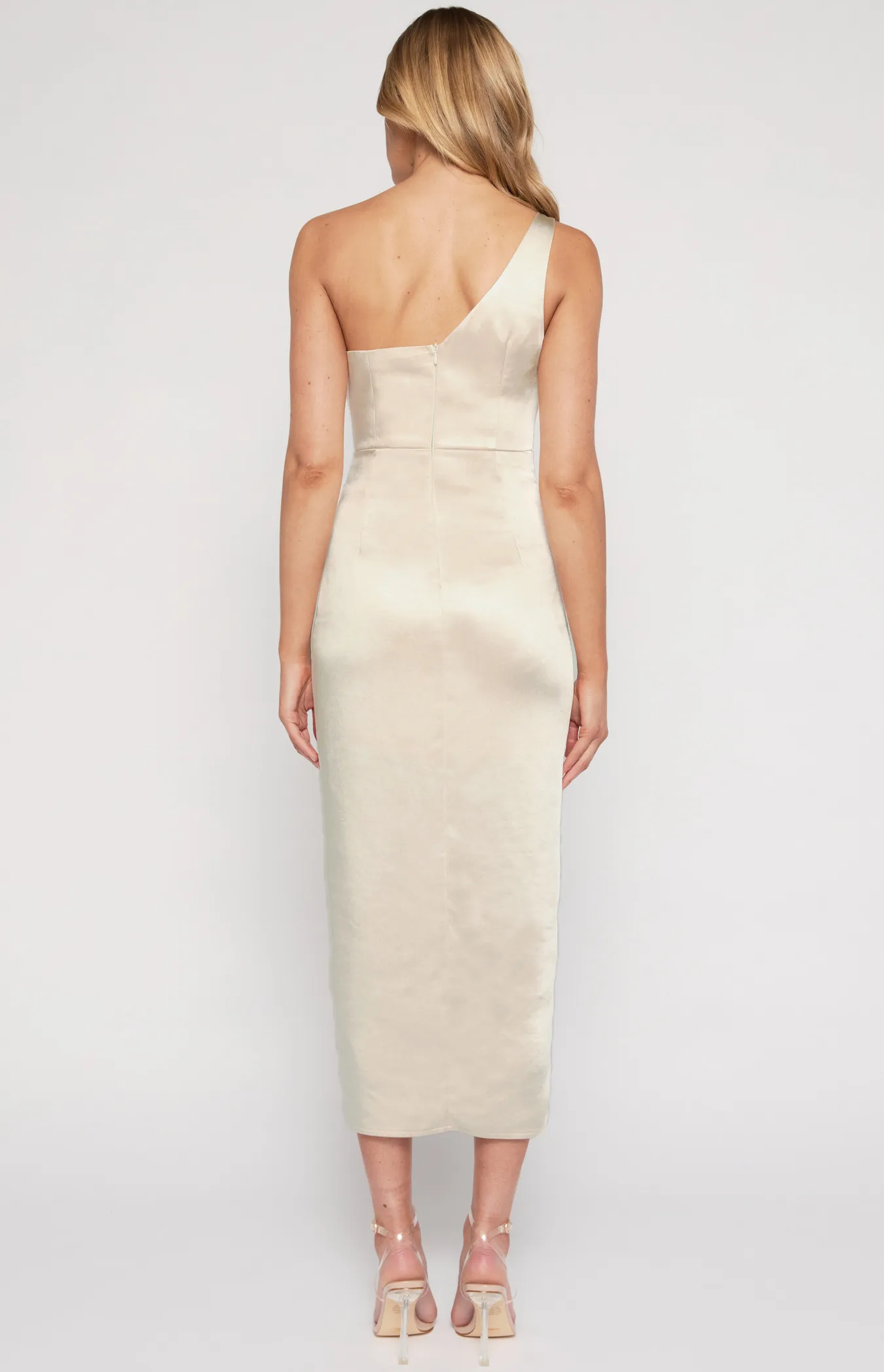 One Shoulder Asymmetric Neckline Satin Dress with Pleated Details (SDR1335B)