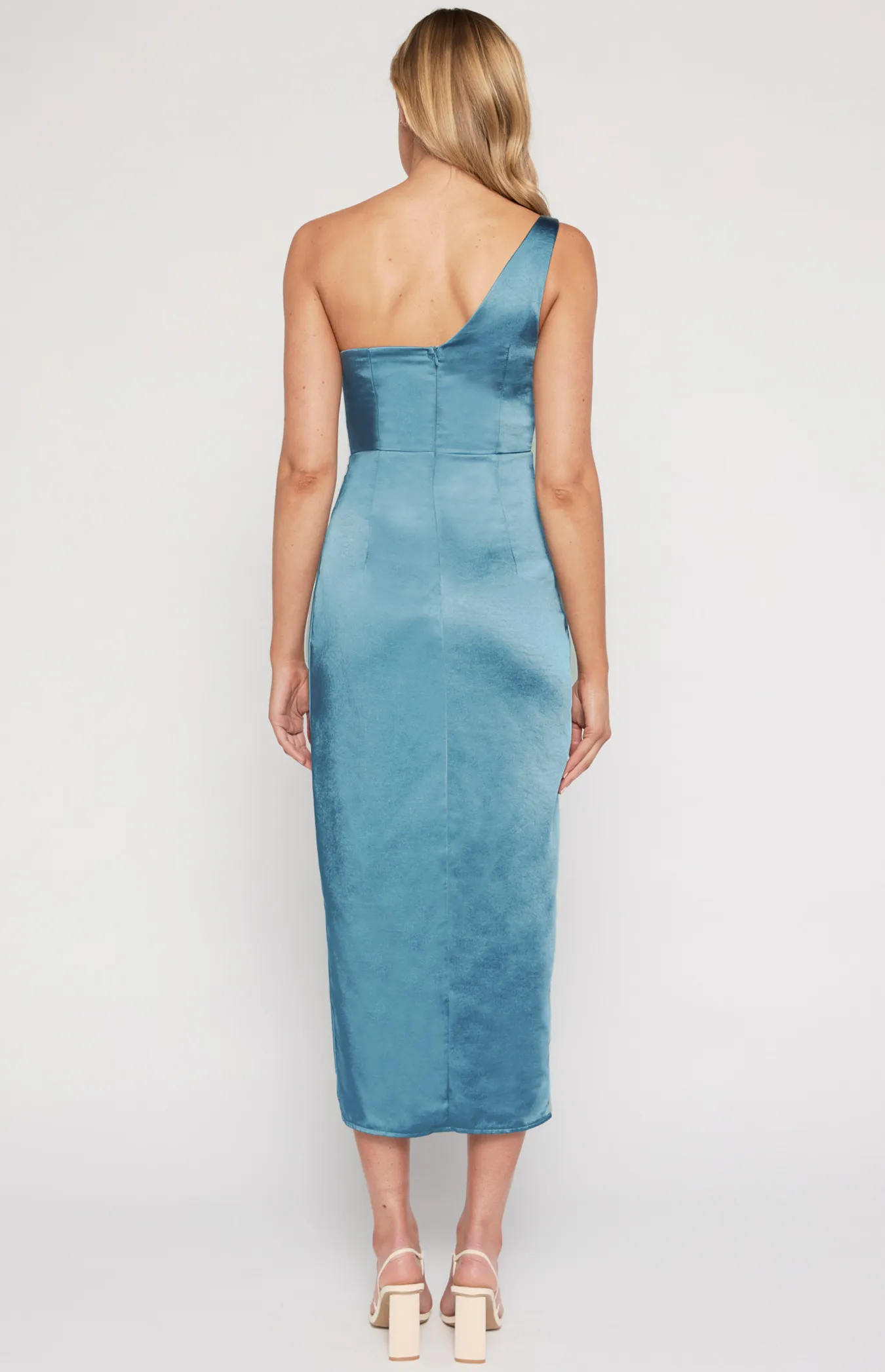 One Shoulder Asymmetric Neckline Satin Dress with Pleated Details (SDR1335B)