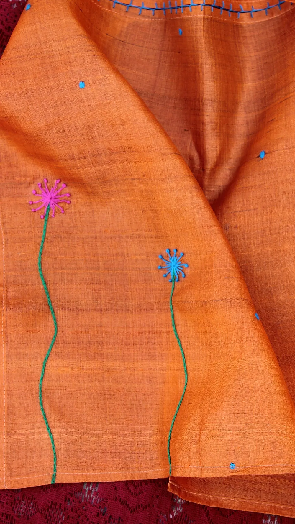 Orange floral path hand embroidered silk stole