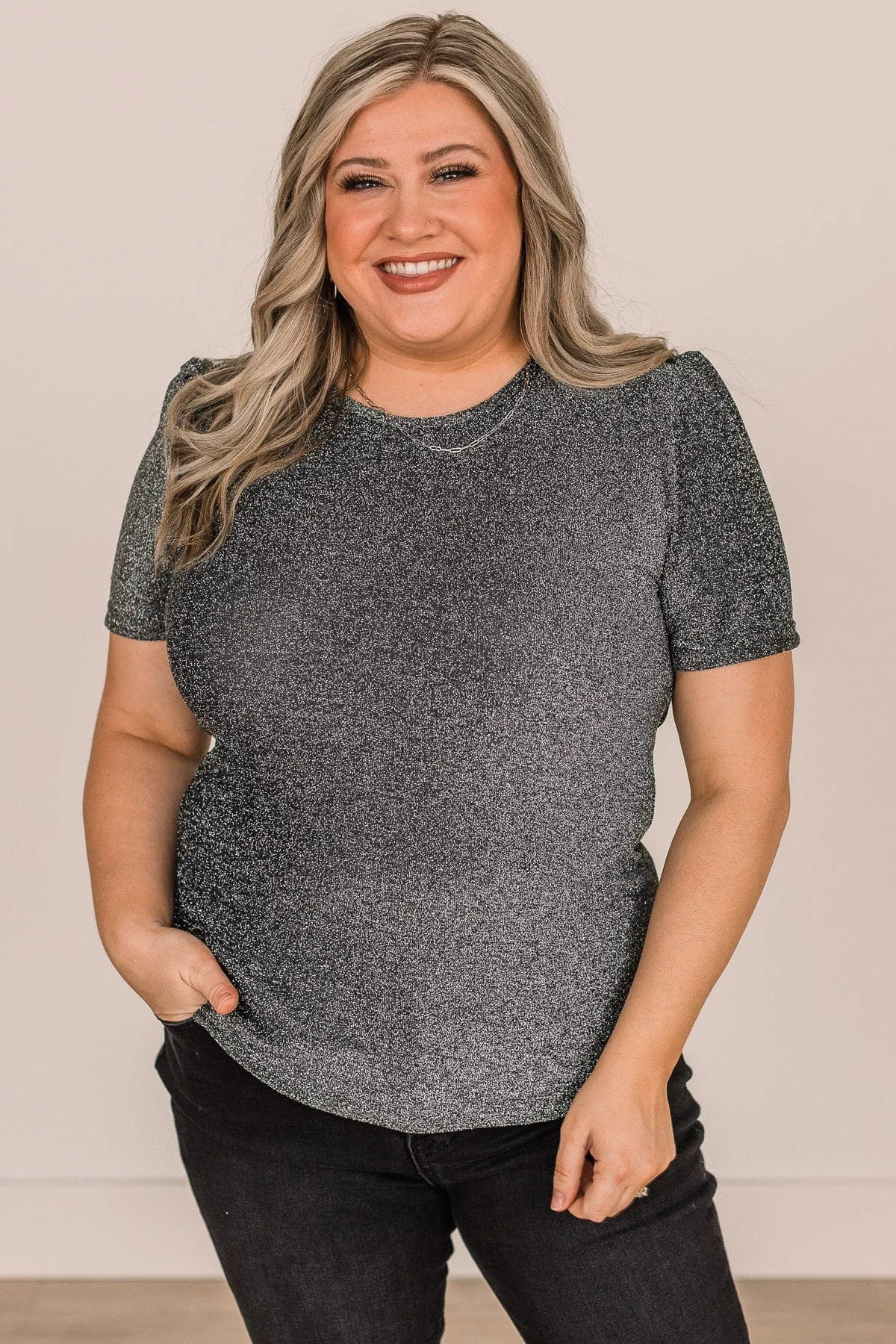 Own The Evening Short Sleeve Shimmer Top- Charcoal