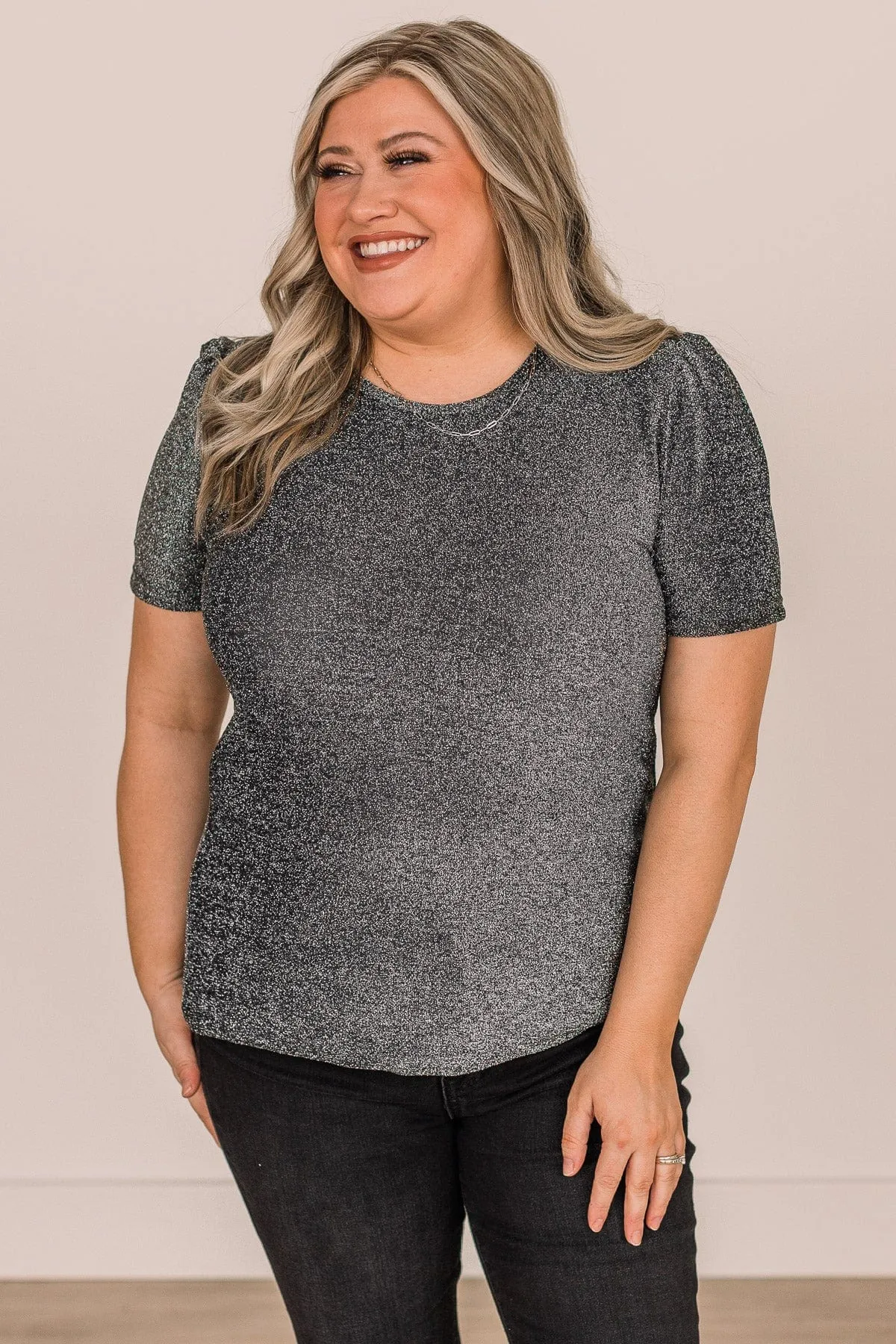 Own The Evening Short Sleeve Shimmer Top- Charcoal