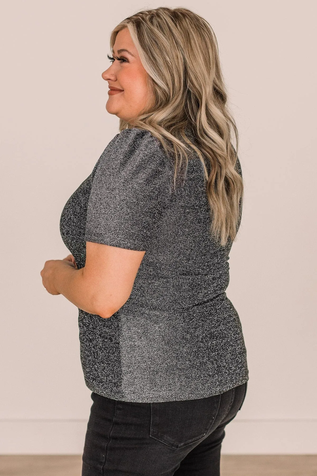 Own The Evening Short Sleeve Shimmer Top- Charcoal