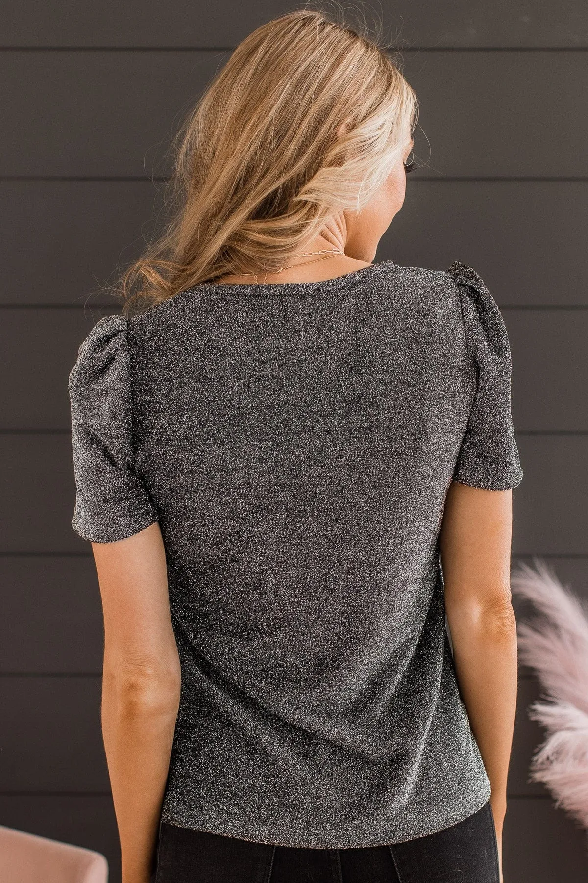 Own The Evening Short Sleeve Shimmer Top- Charcoal